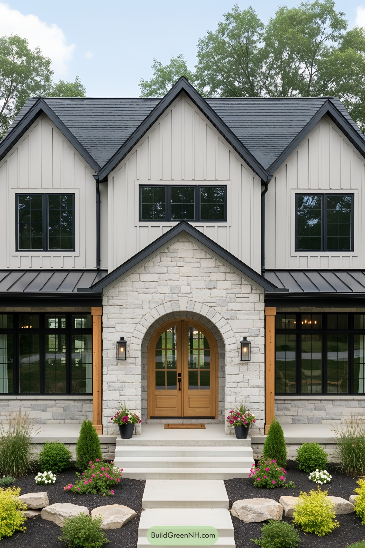 Modern cottage house with stone facade and lush garden