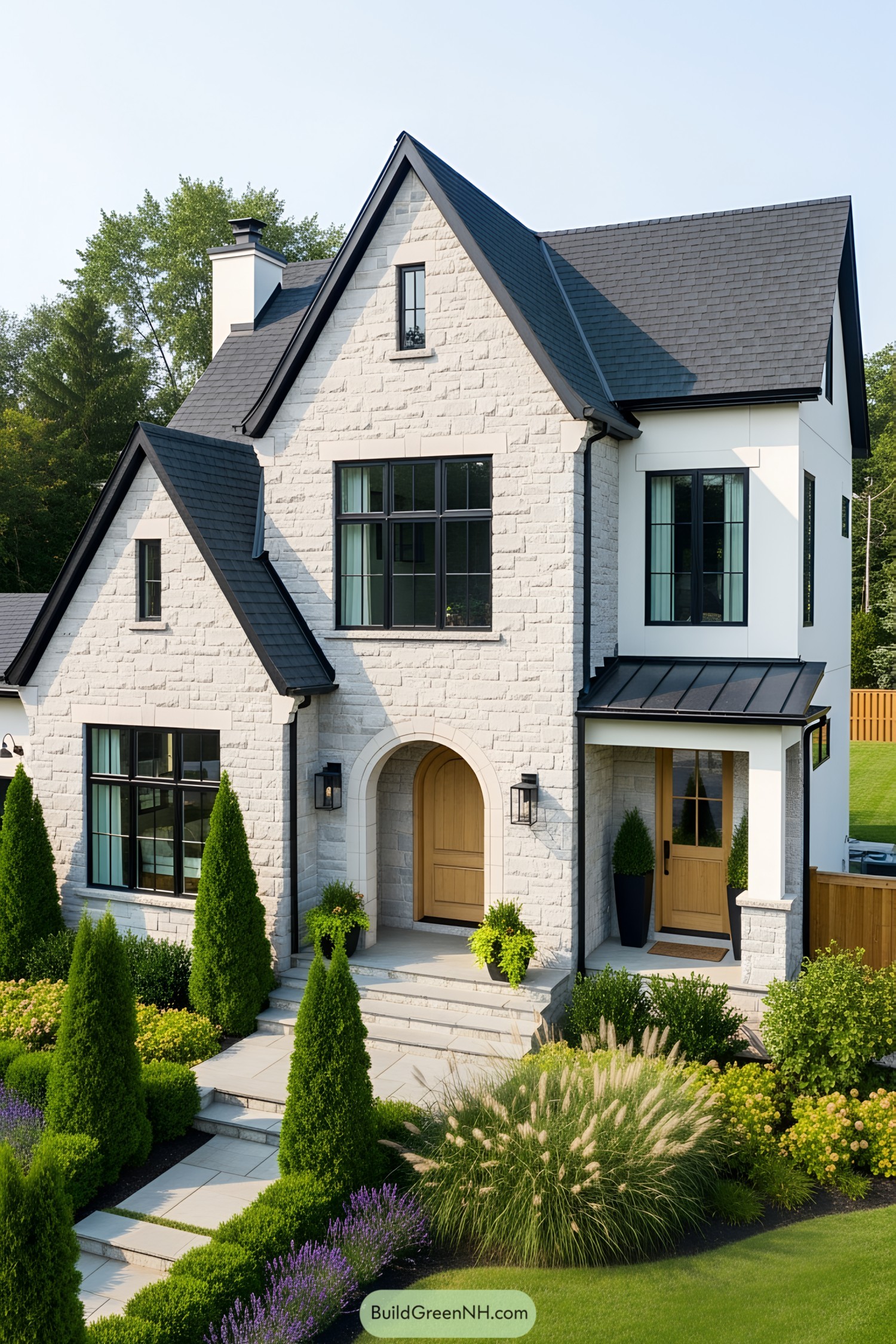 Modern cottage house with lush landscaping and elegant design