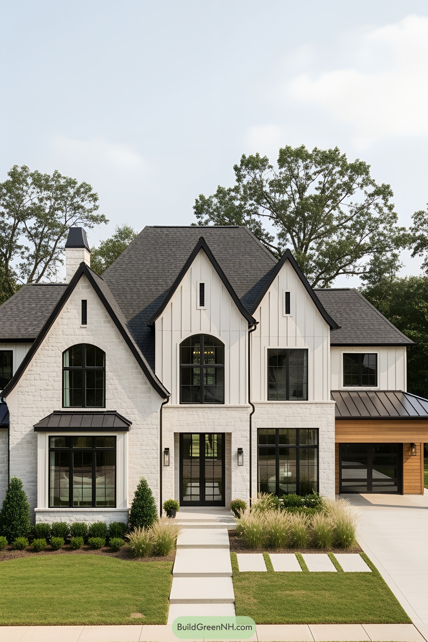 Modern cottage house with large windows and a lush green lawn