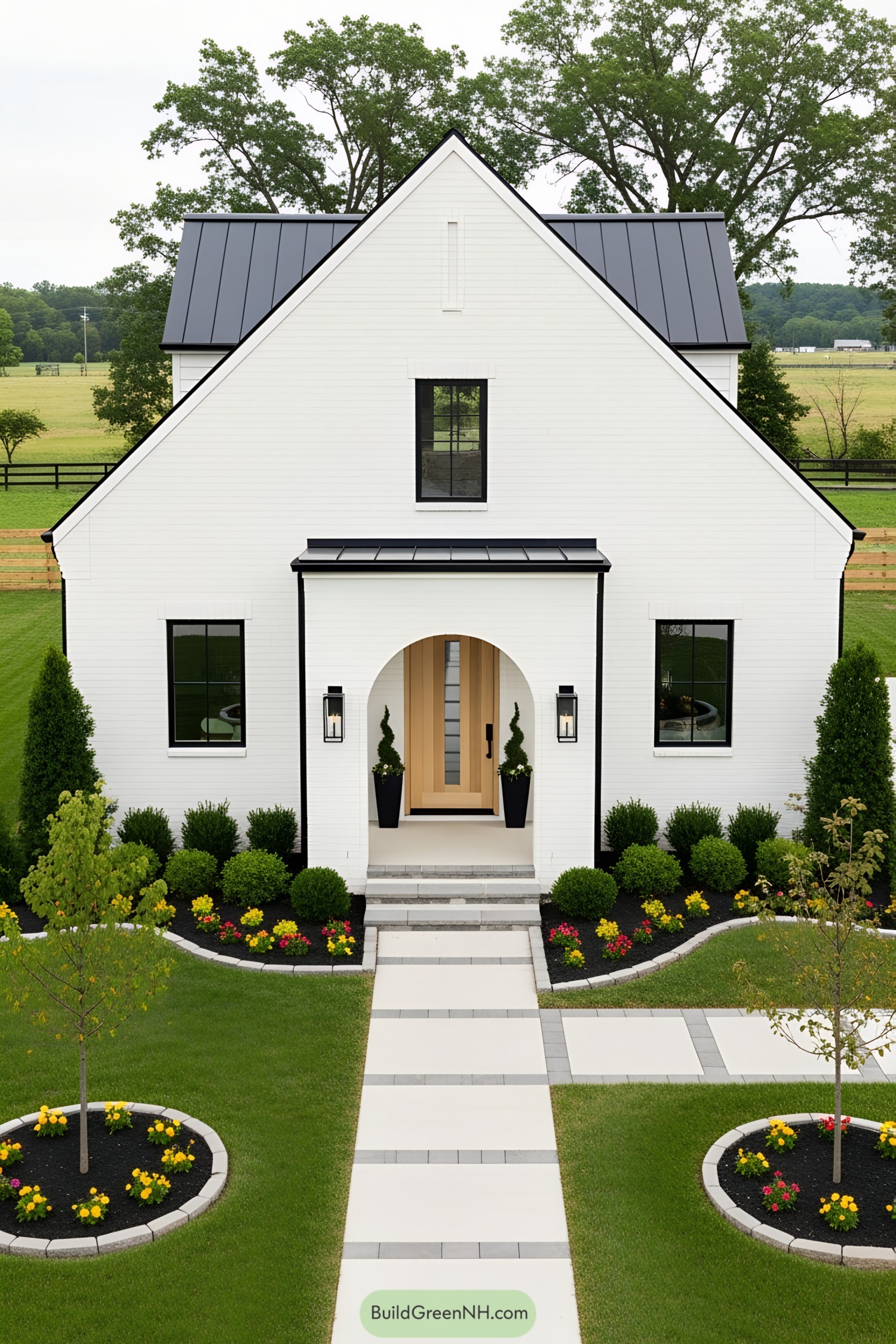 Elegant white cottage with modern landscaping