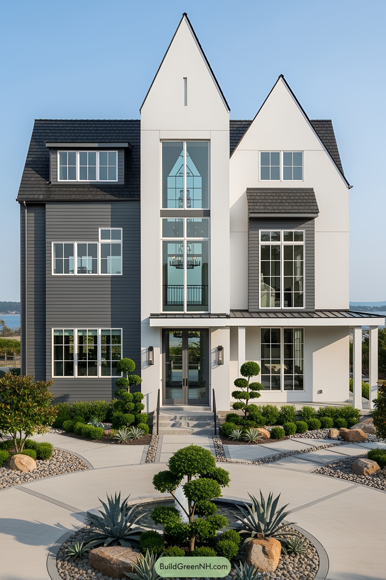 Modern cottage house with sharp angles and manicured garden