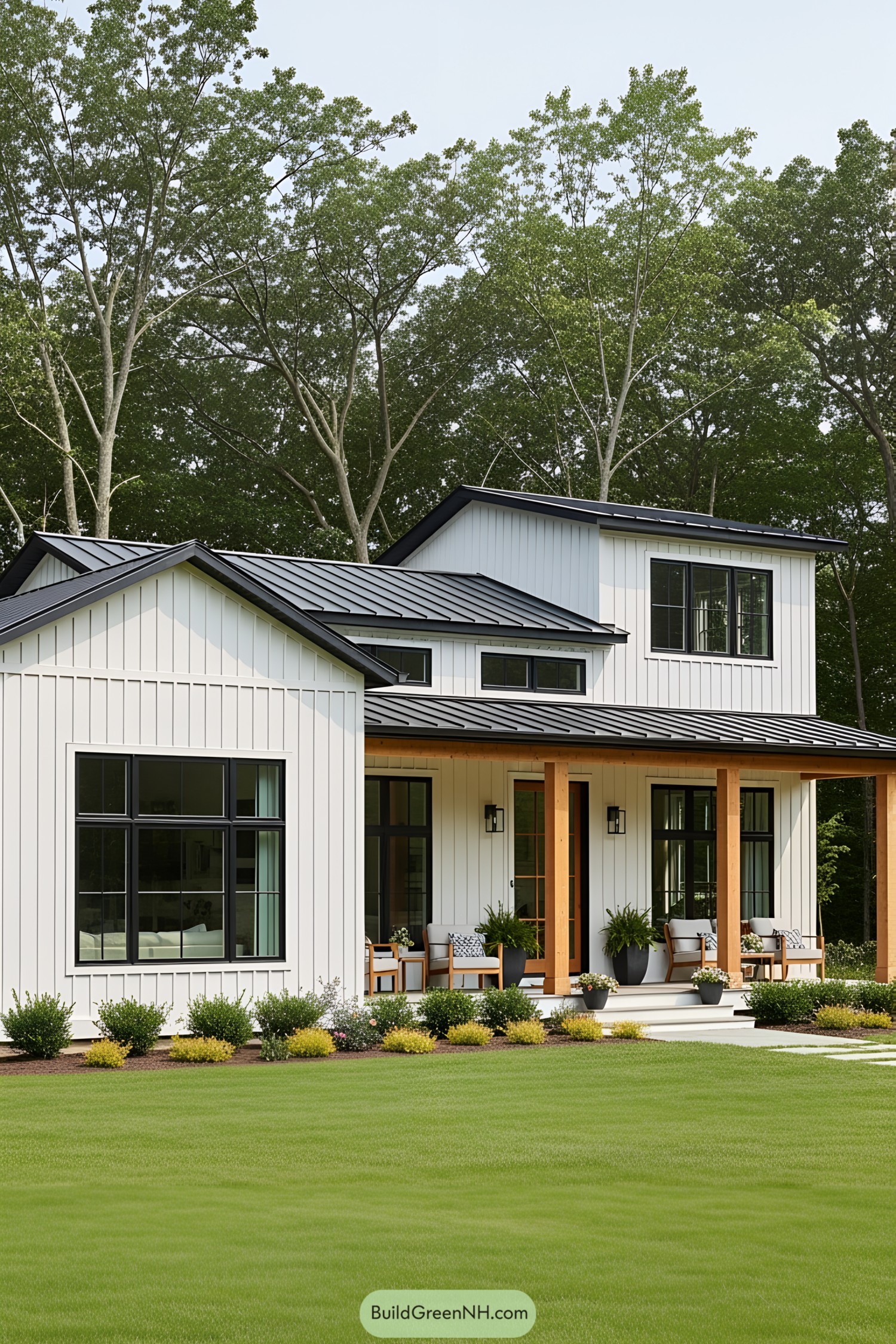Modern cottage with sleek lines and lush greenery