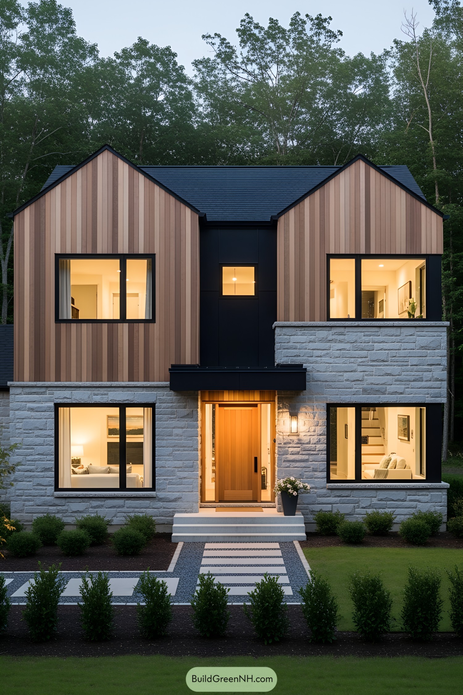 Modern cottage with mixed materials and large windows