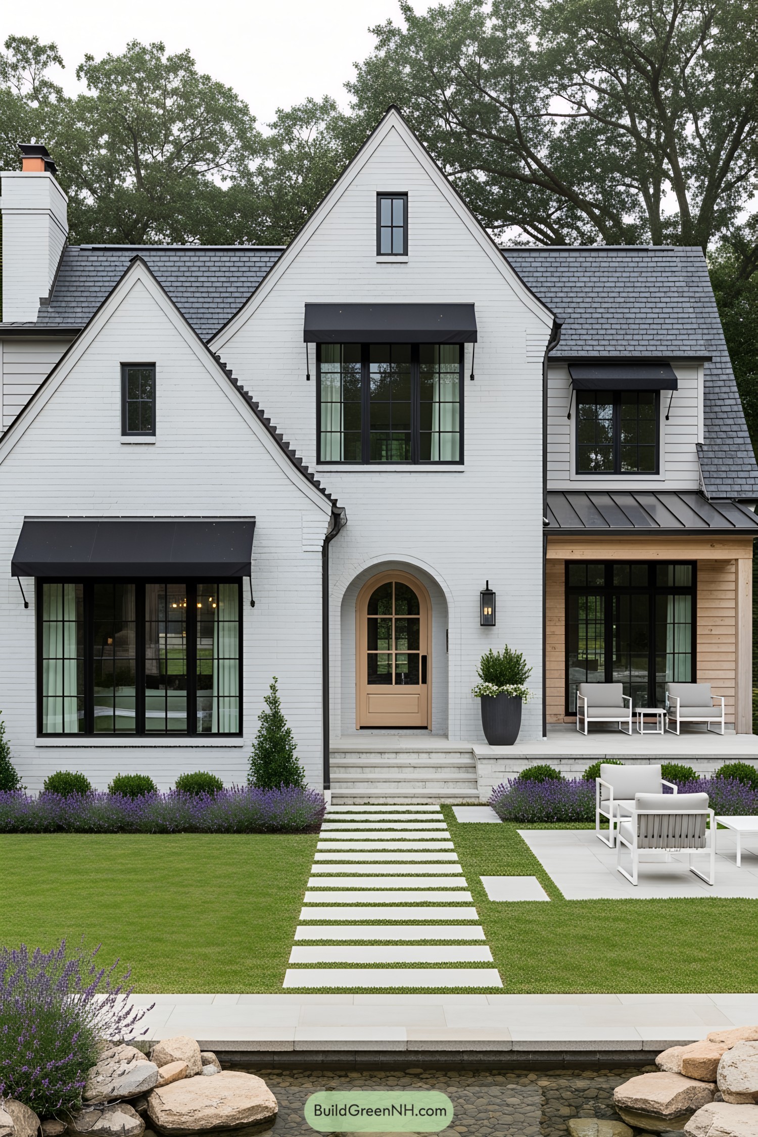 Modern cottage house with large windows and lush garden