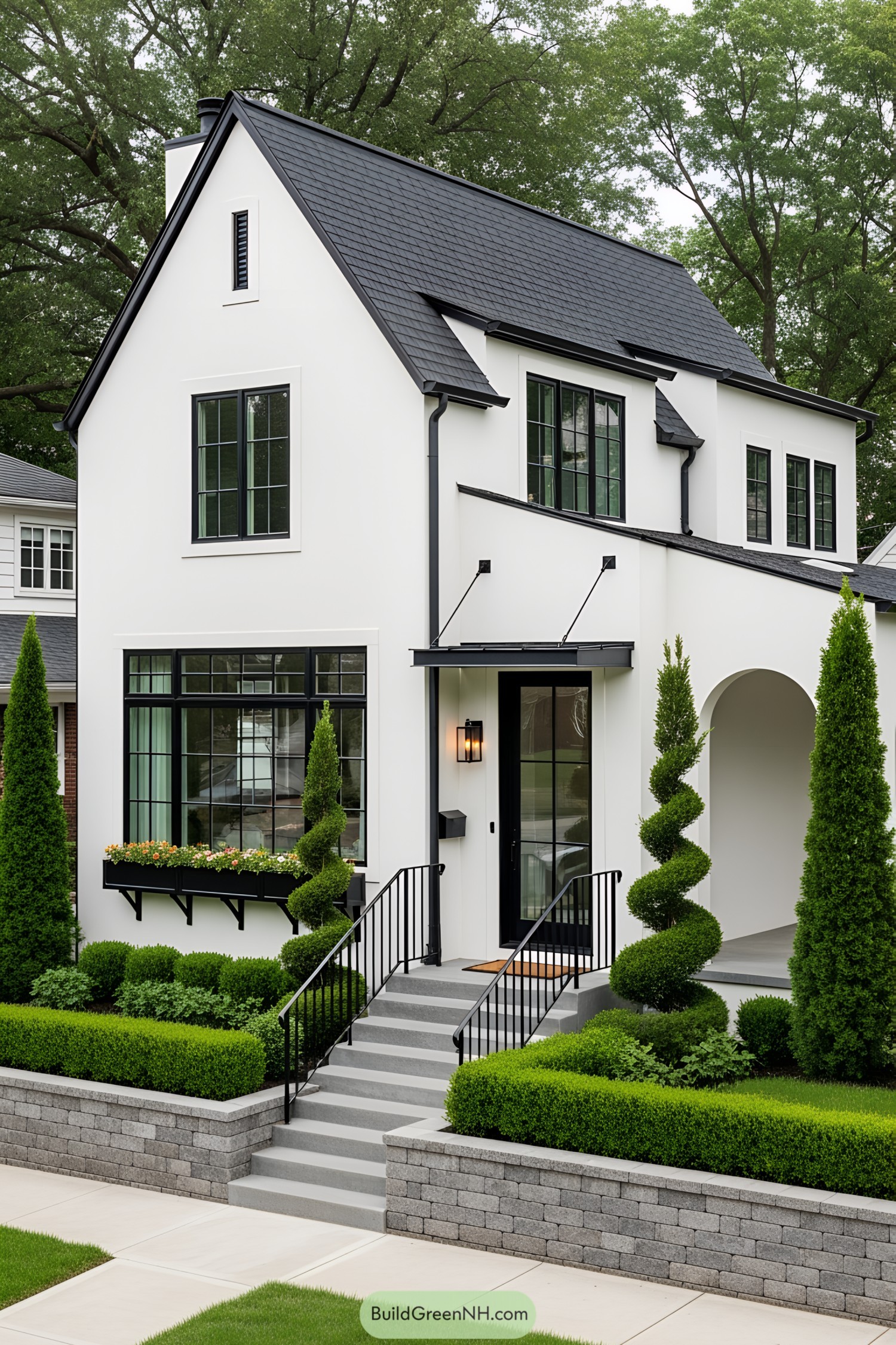White cottage house with black trim and manicured greenery