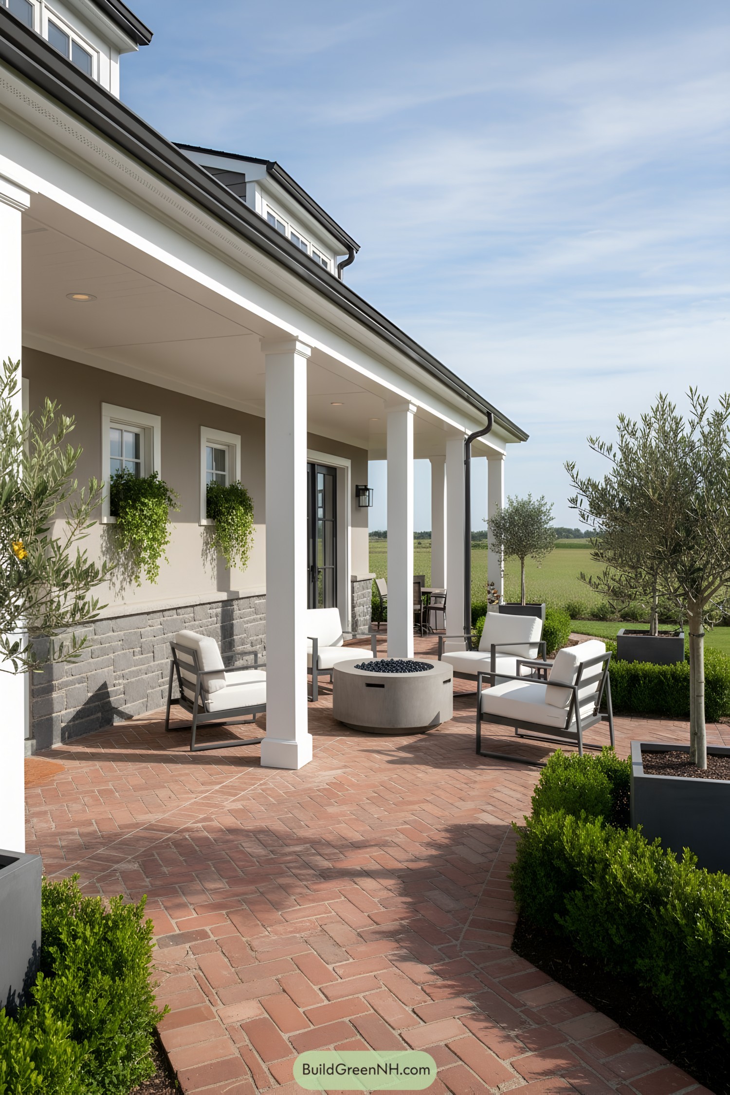 Chic cottage with a large brick porch