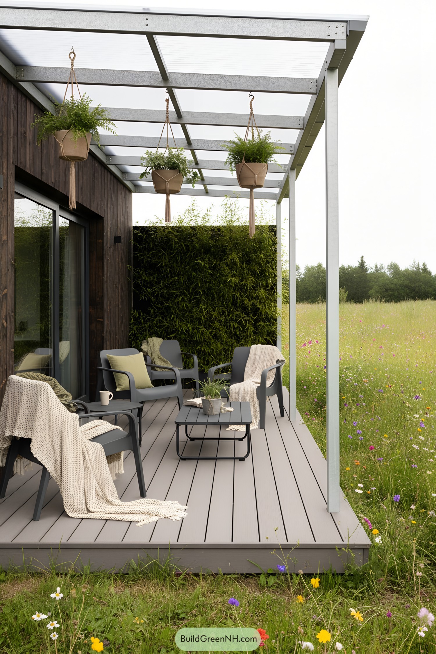 Modern cottage porch with seating and plants