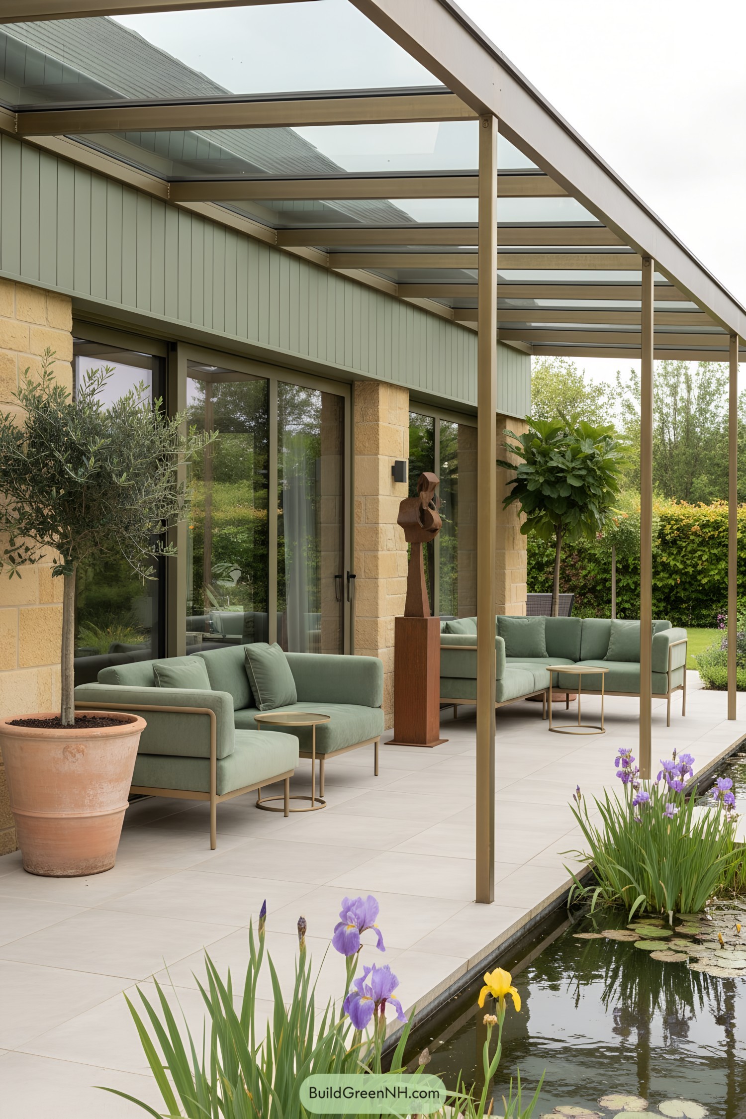 Modern cottage porch with glass roof and lush surroundings