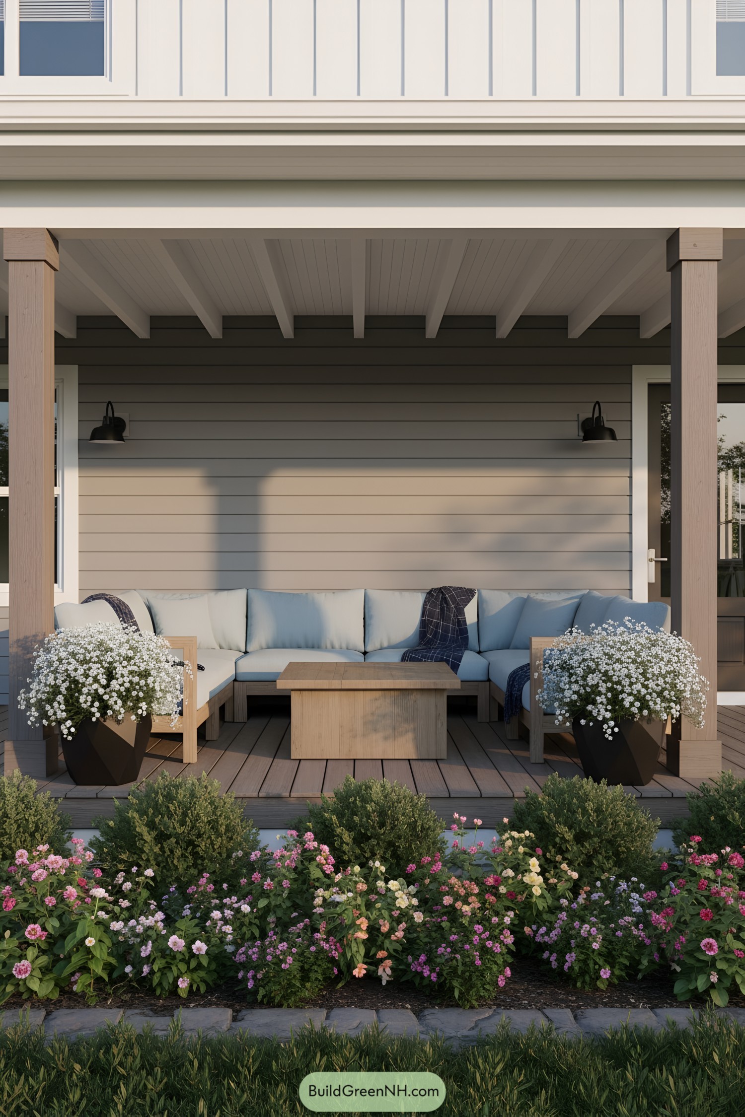 Cozy porch with comfortable seating and flowers