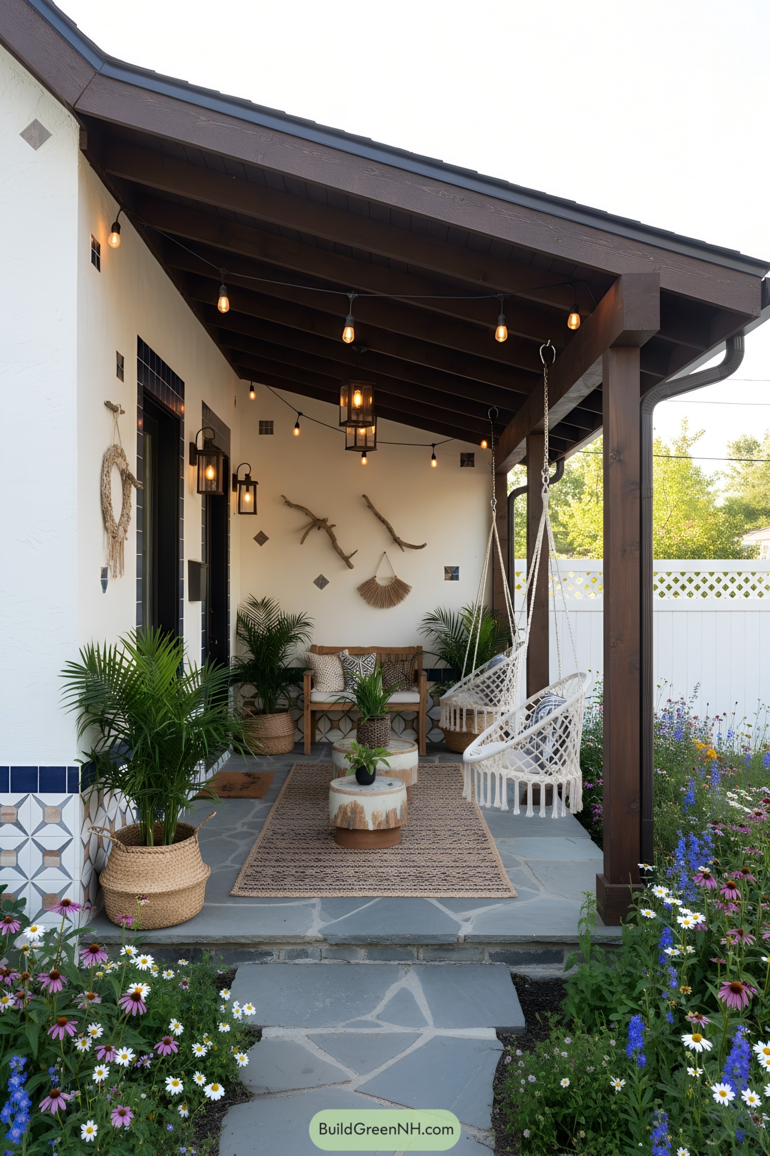 Cottage porch with swing chairs and plants