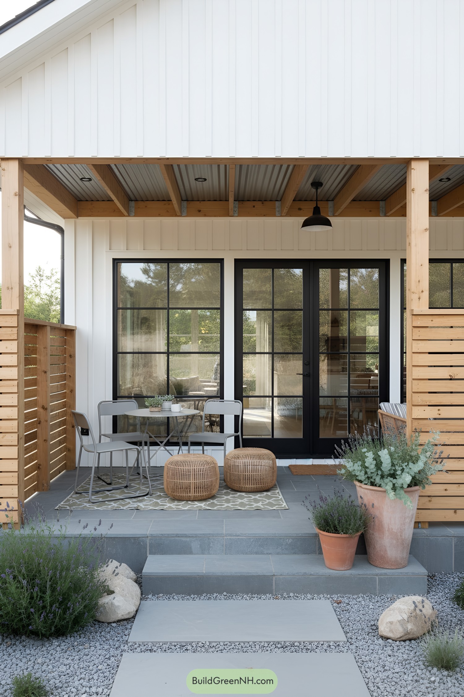 Cozy cottage porch with chairs and potted plants
