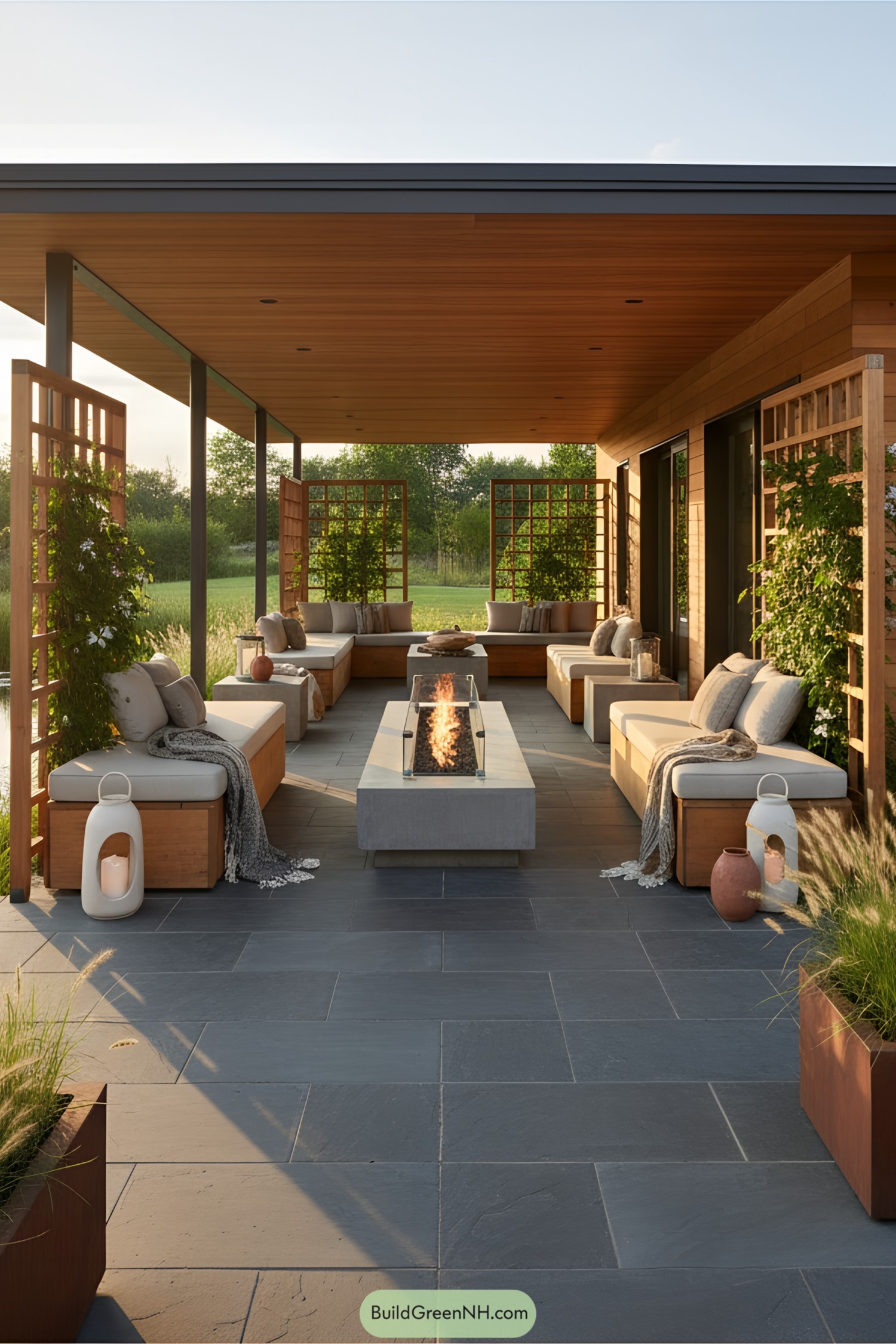 Cozy outdoor porch with concrete fire table and seating