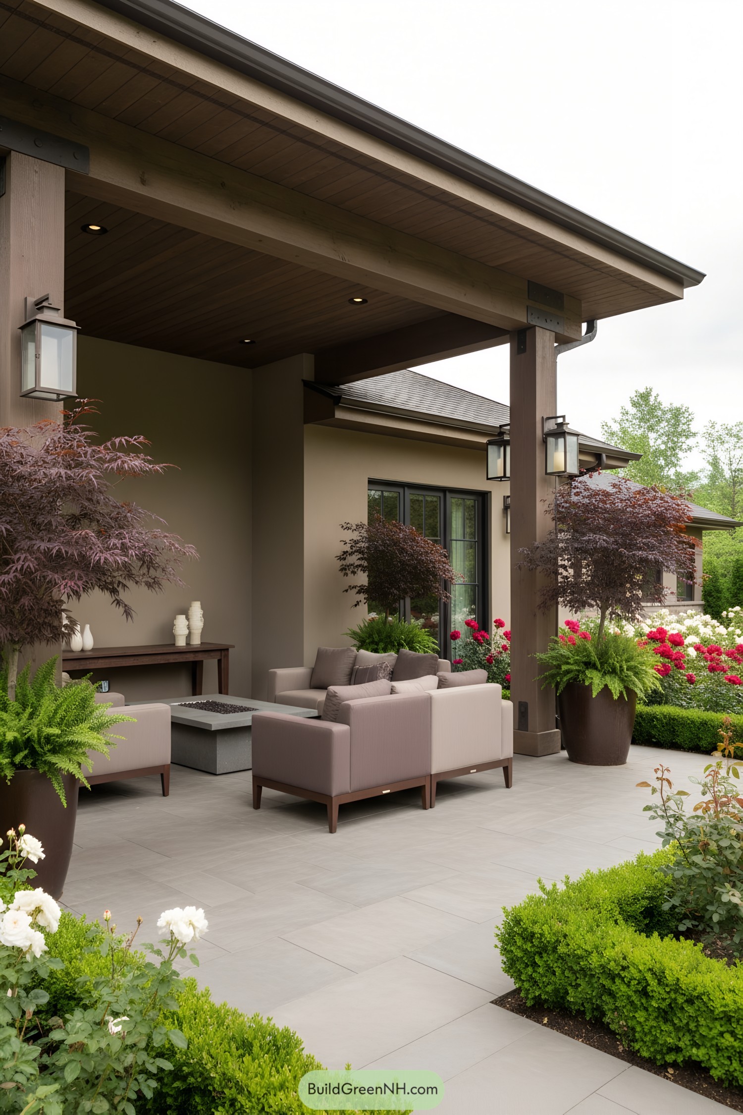 Covered porch with modern furniture and lush greenery