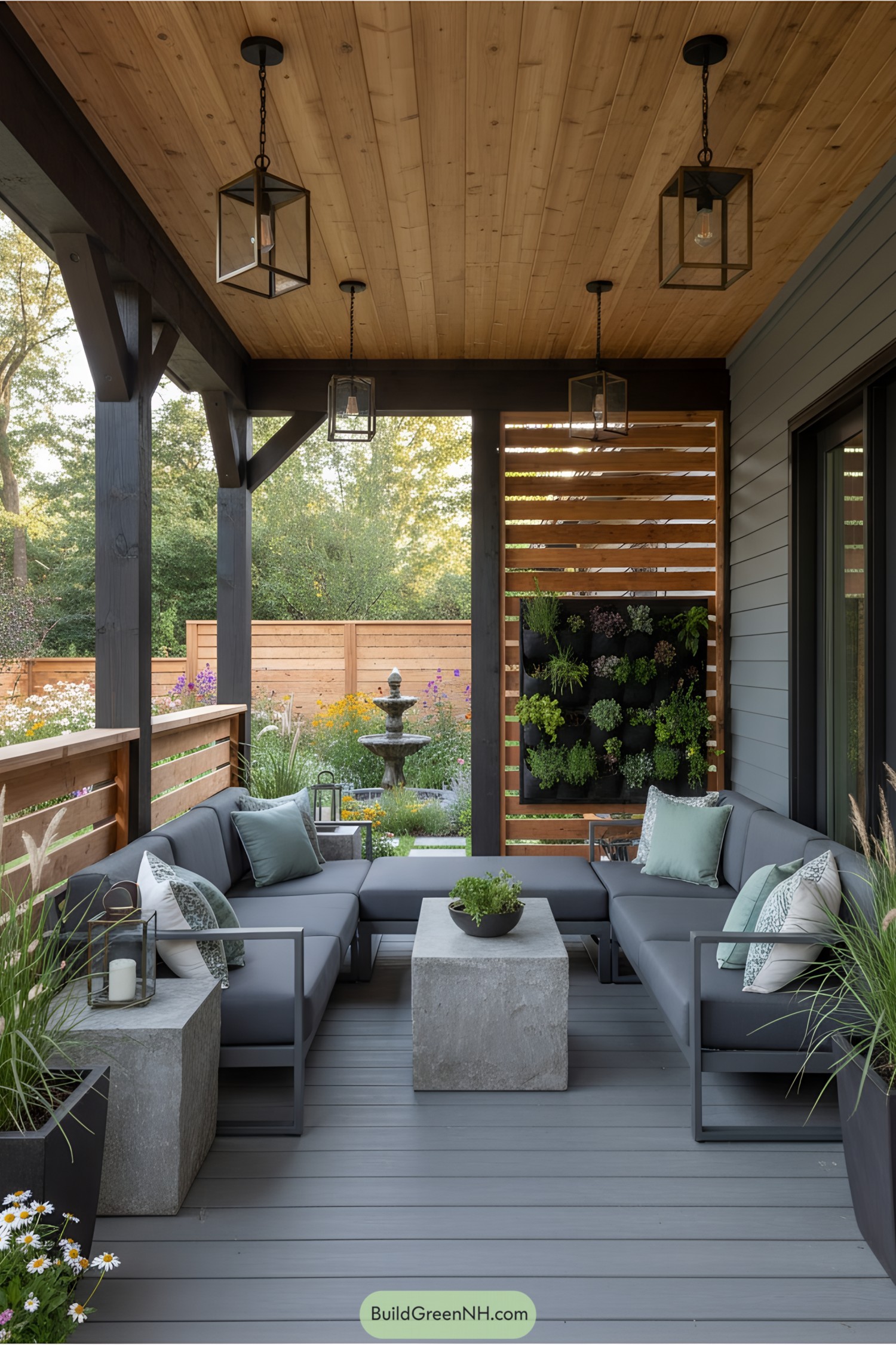 Modern cottage porch with seating and greenery