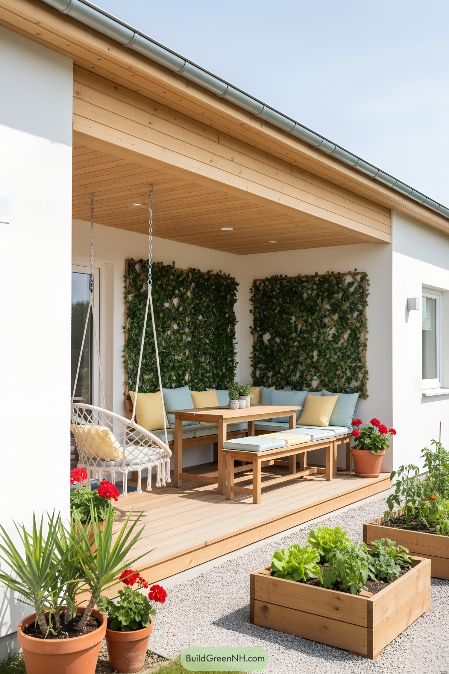 Cozy cottage porch with a swinging chair and lush greenery