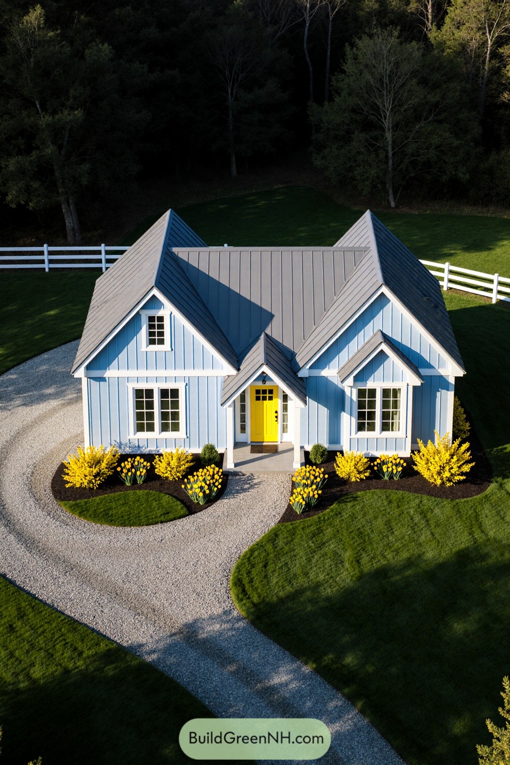 Cottage with bright yellow door and flowers