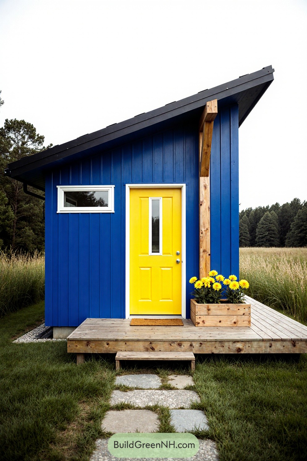Cottage with a bright yellow door and cheerful flowers