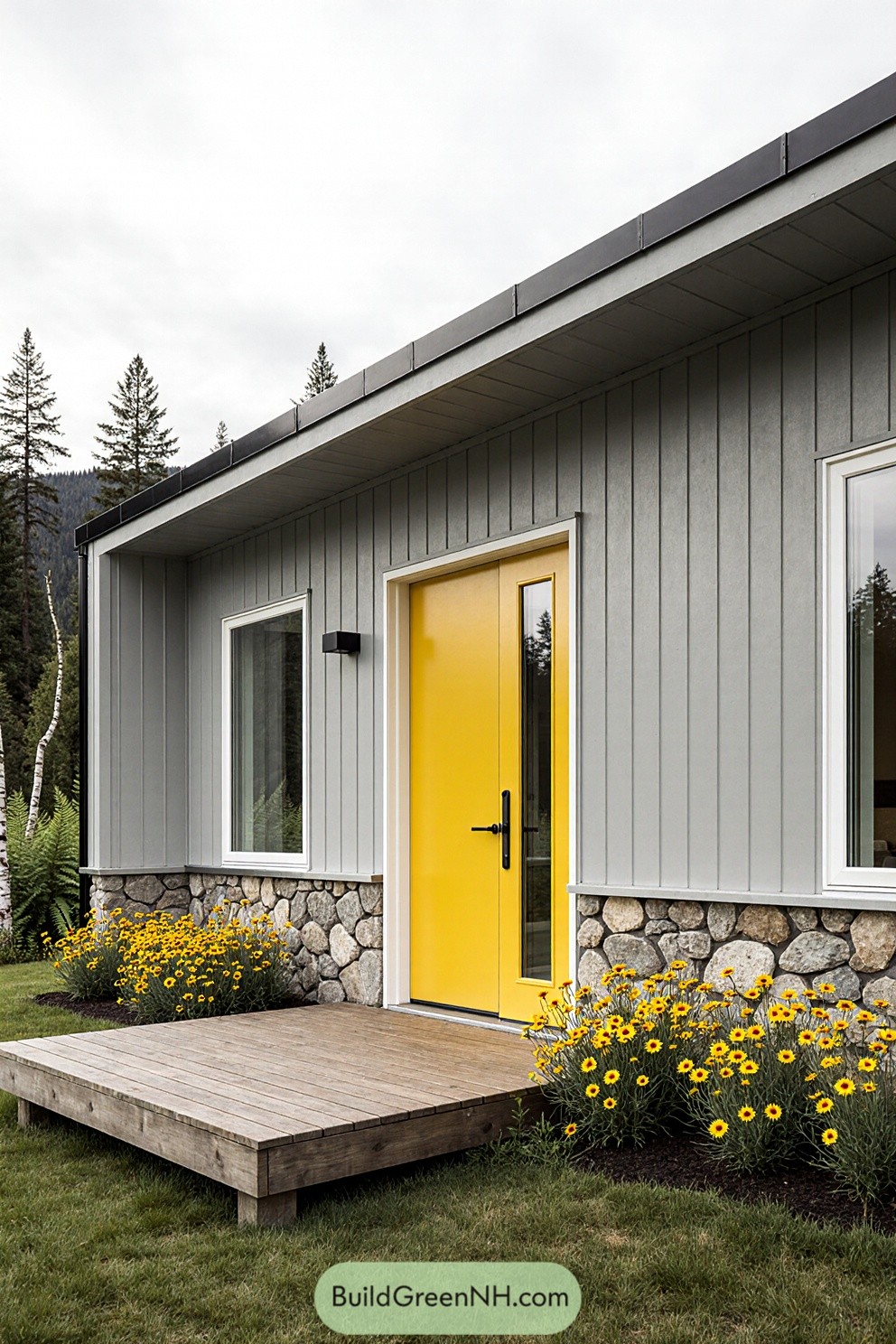 Cottage with a bright yellow door and flowers
