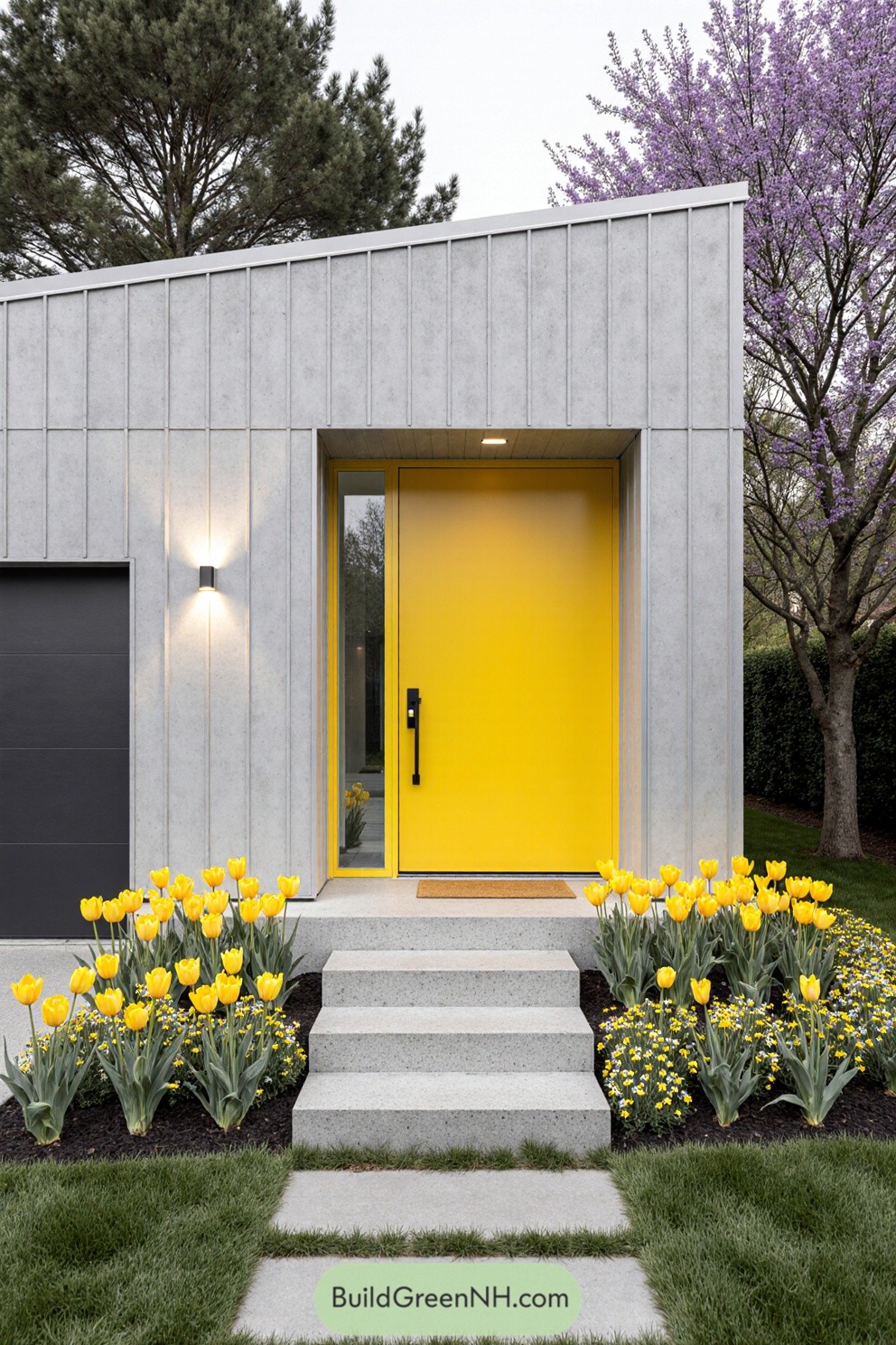 A modern cottage with a bright yellow door and vibrant yellow flowers