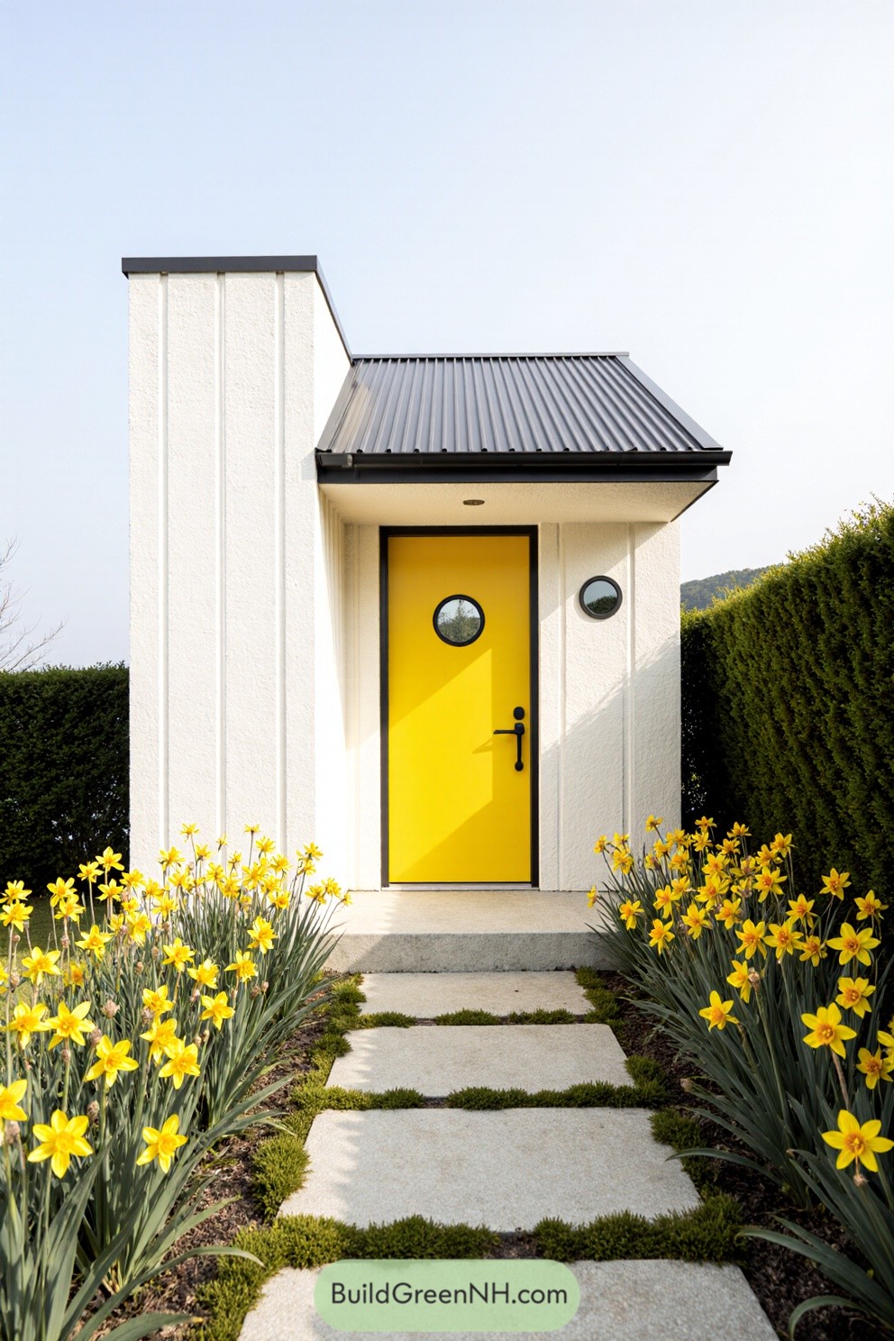 Bright yellow door on a modern cottage flanked by daffodils
