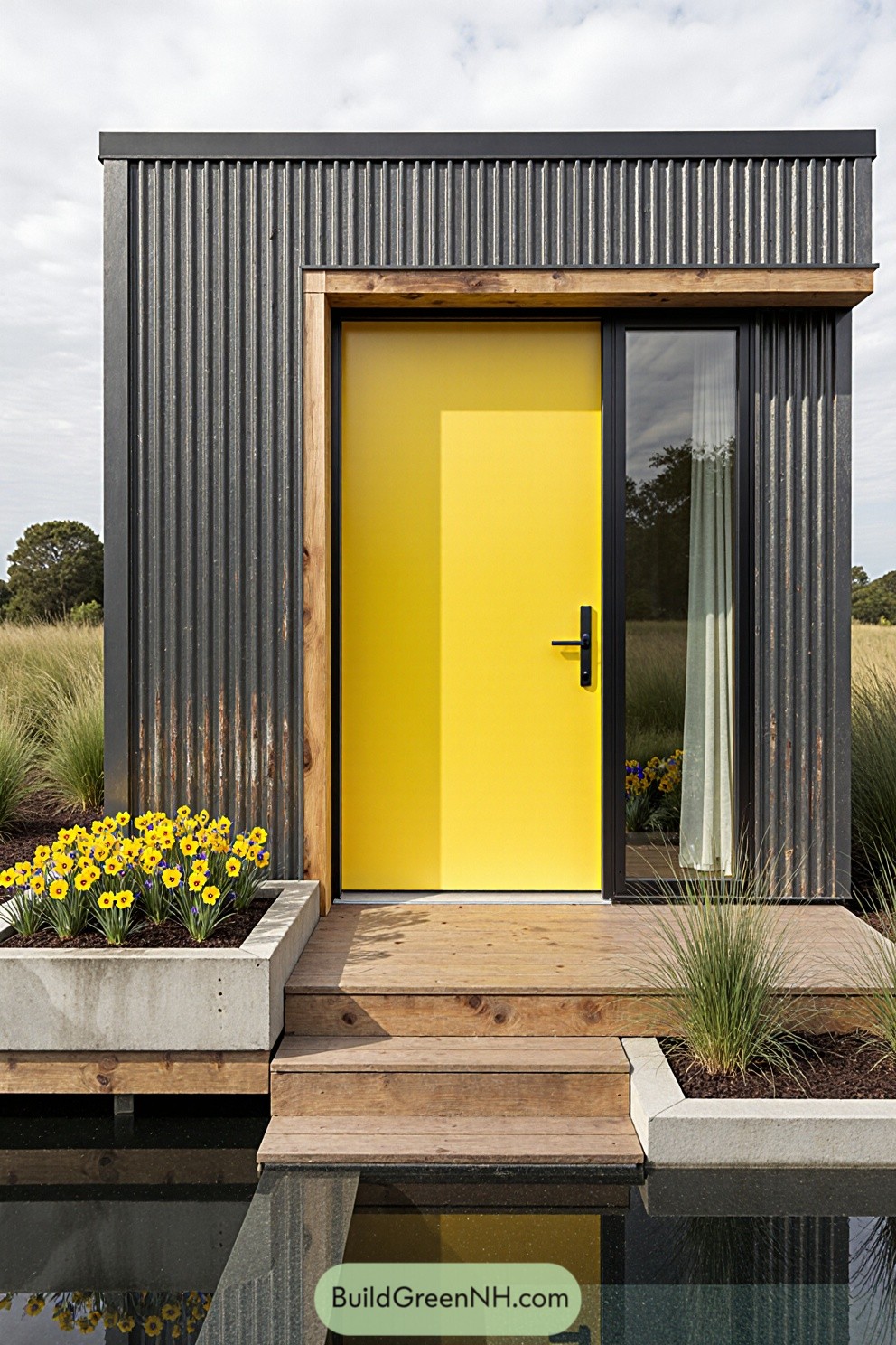 Cottage with yellow door and yellow flowers