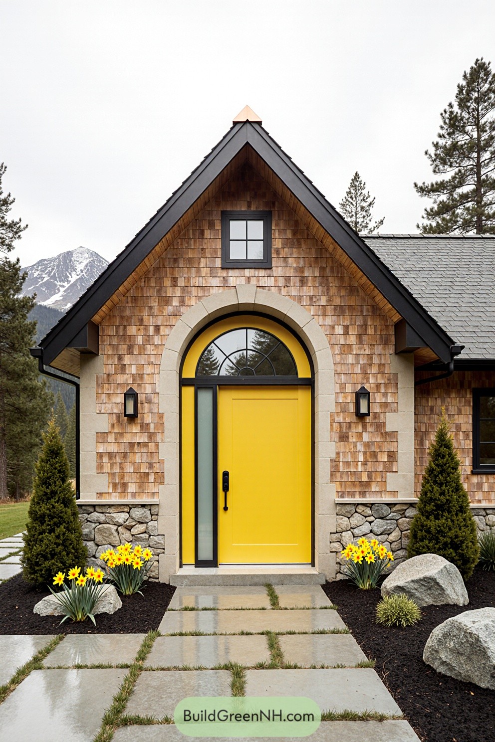 Chic cottage with a vivid yellow door and daffodils