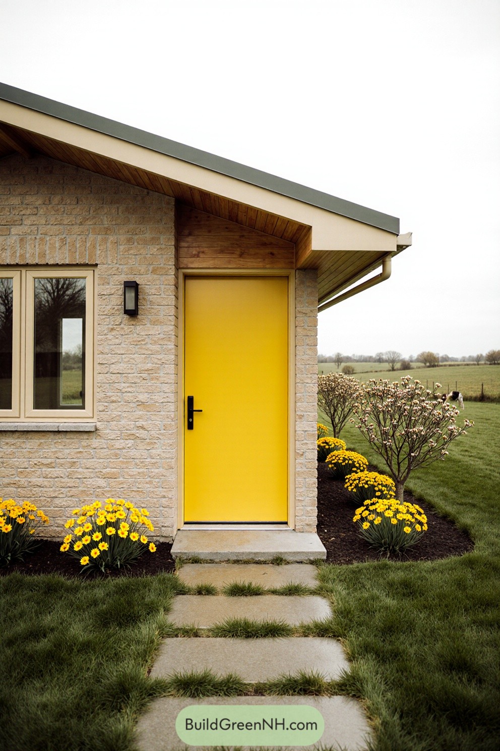Charming cottage with a bright yellow door and matching flowers
