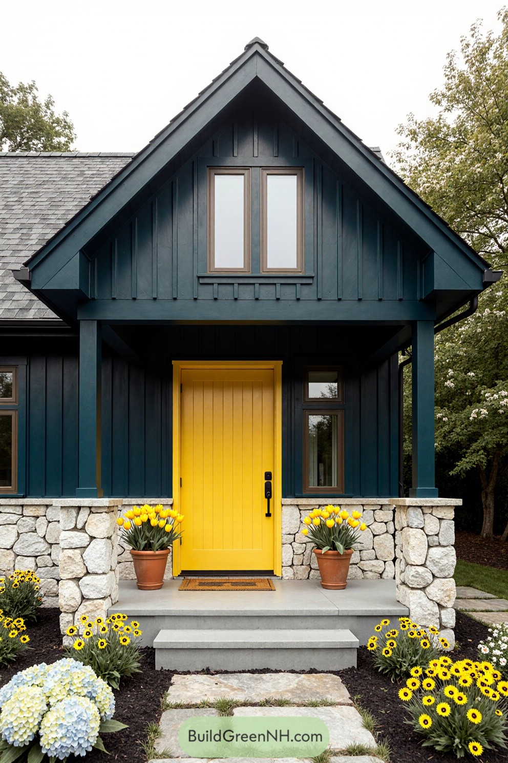 Cottage with a vibrant yellow door and cheerful flowers