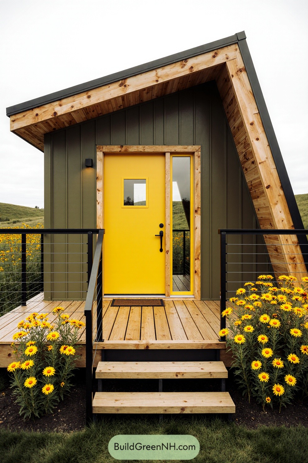 Modern cottage with a yellow door and bright flowers