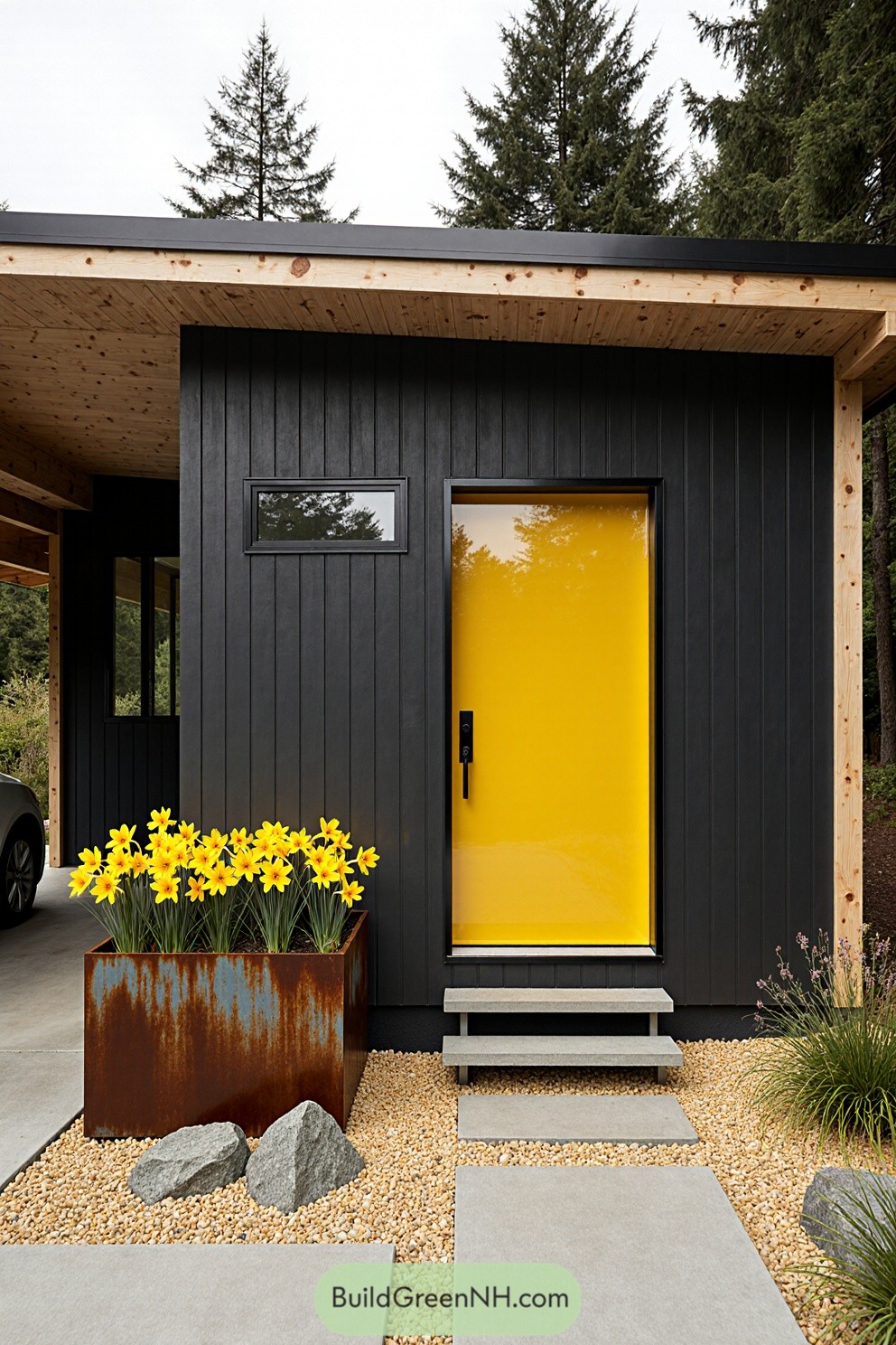 Yellow front door with daffodils in a modern cottage setting