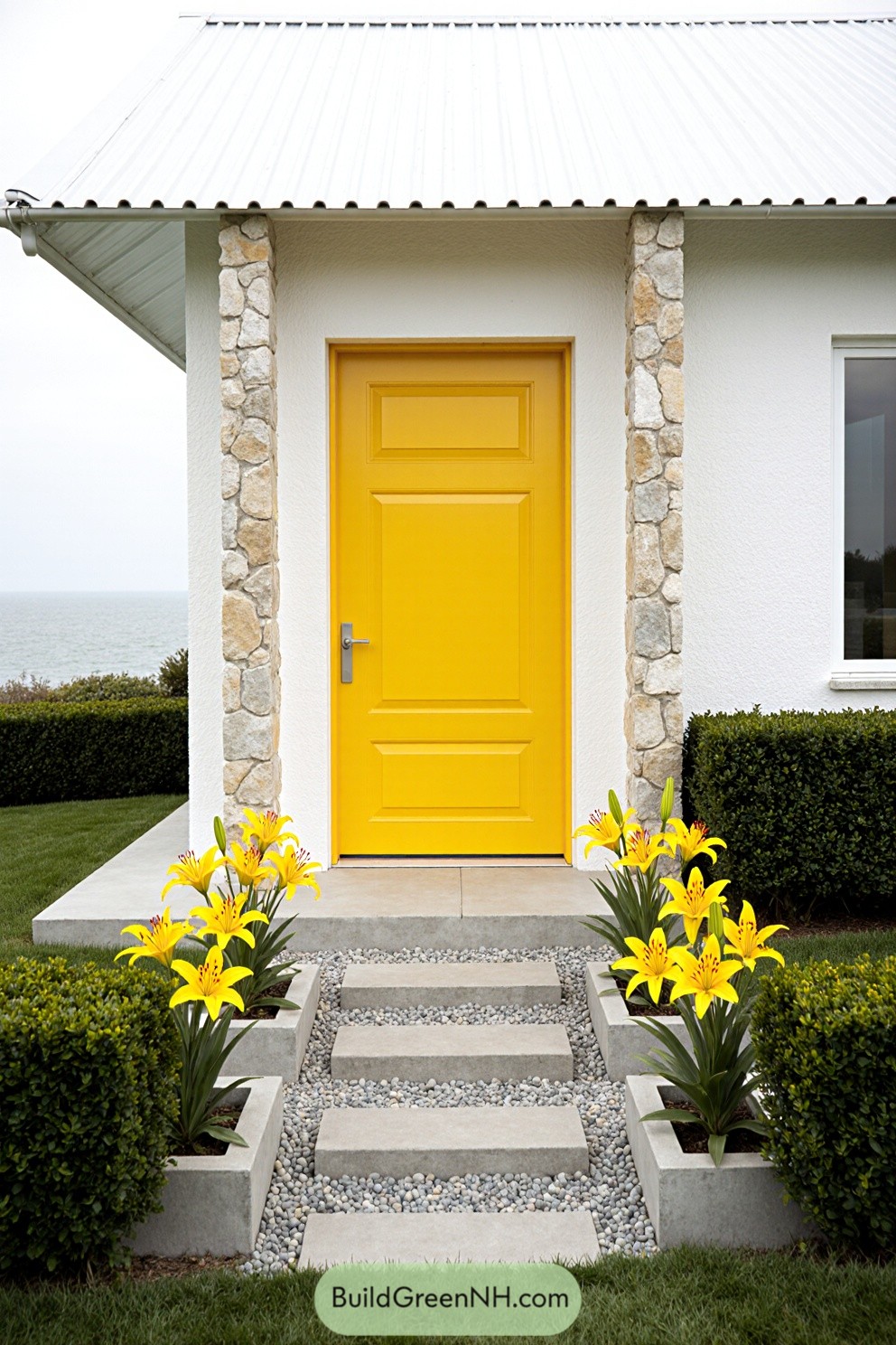Yellow door flanked by bright flowers at a modern cottage