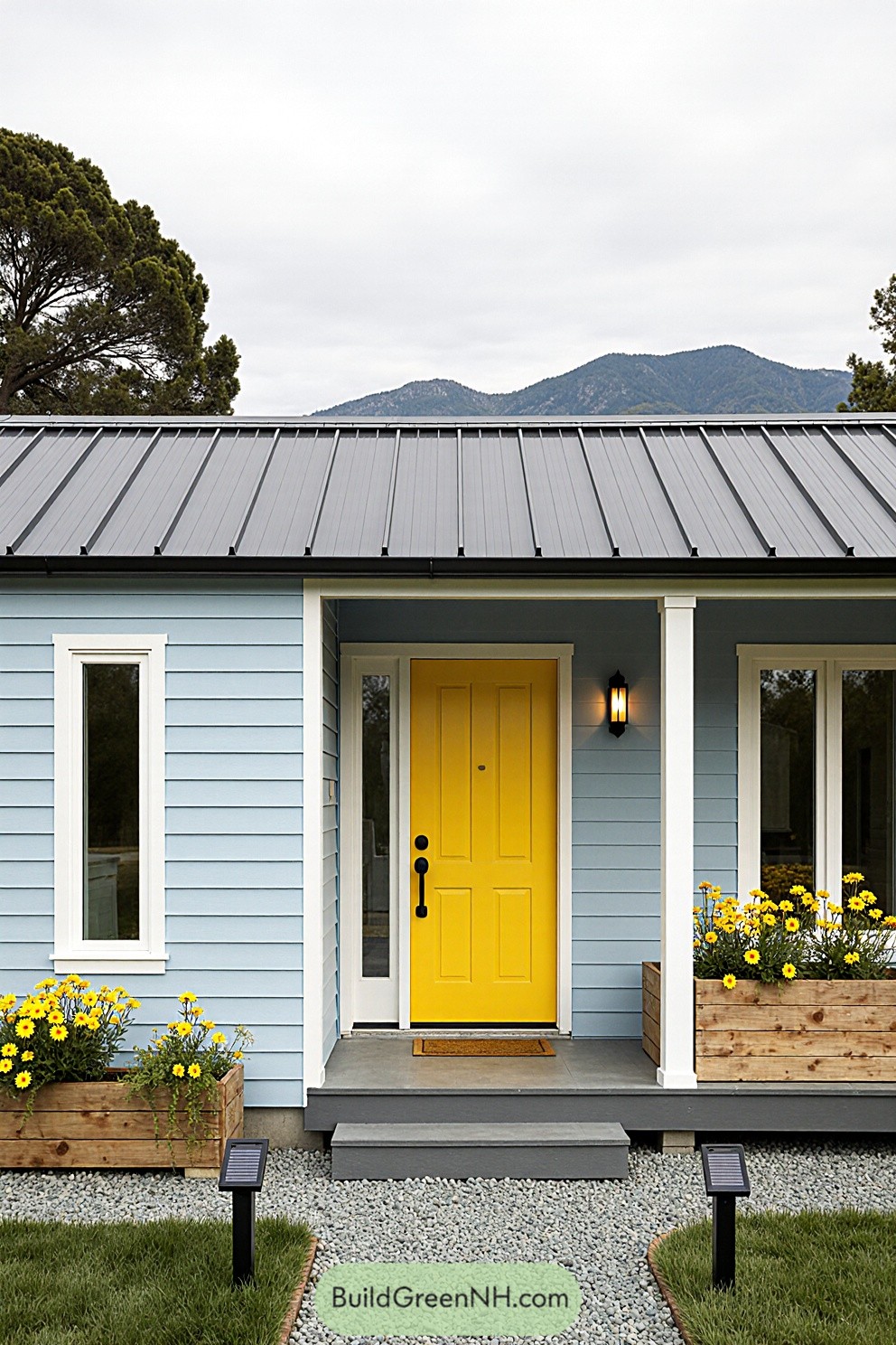 Charming modern cottage with a yellow door and flowers
