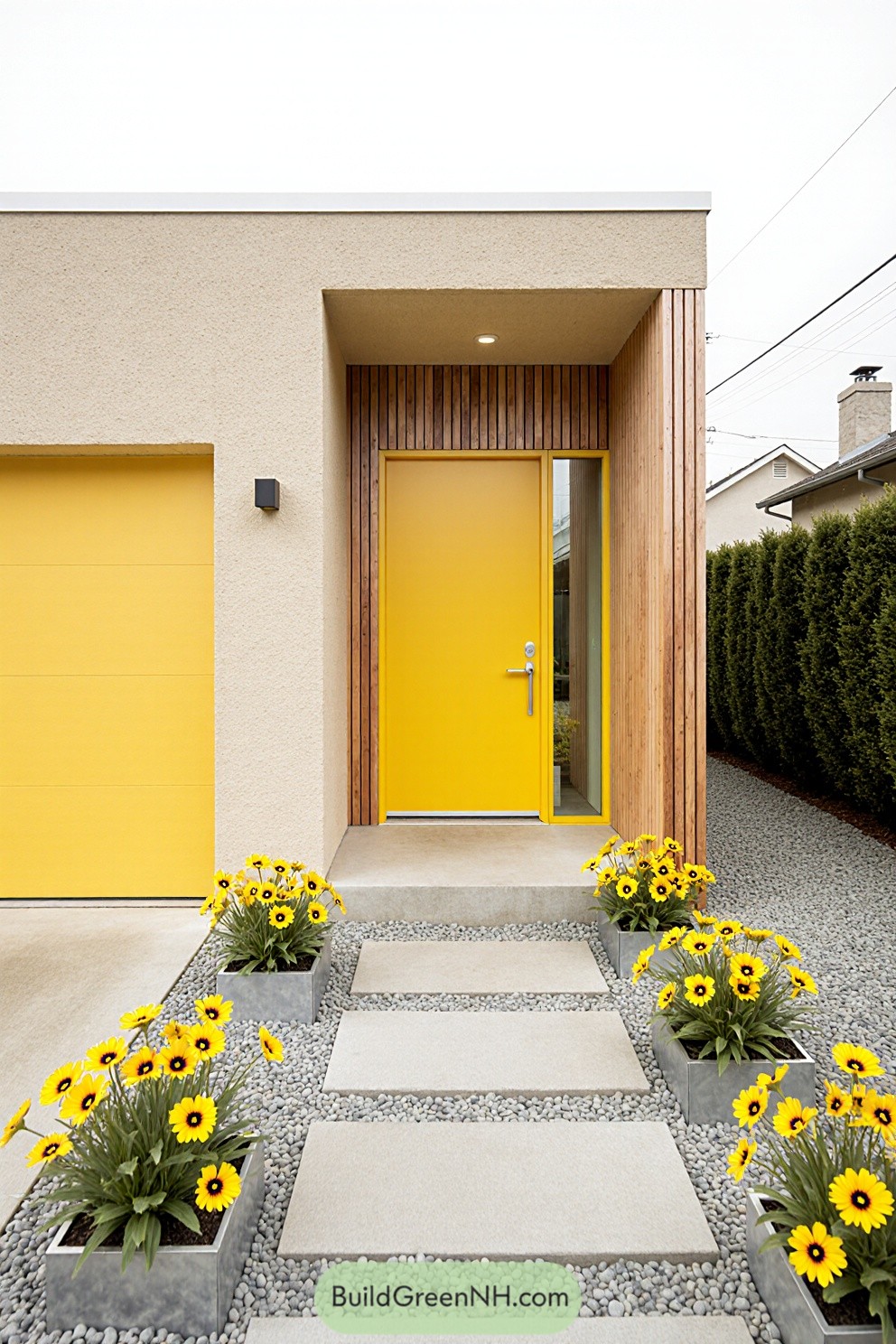 Yellow door with flowers in front