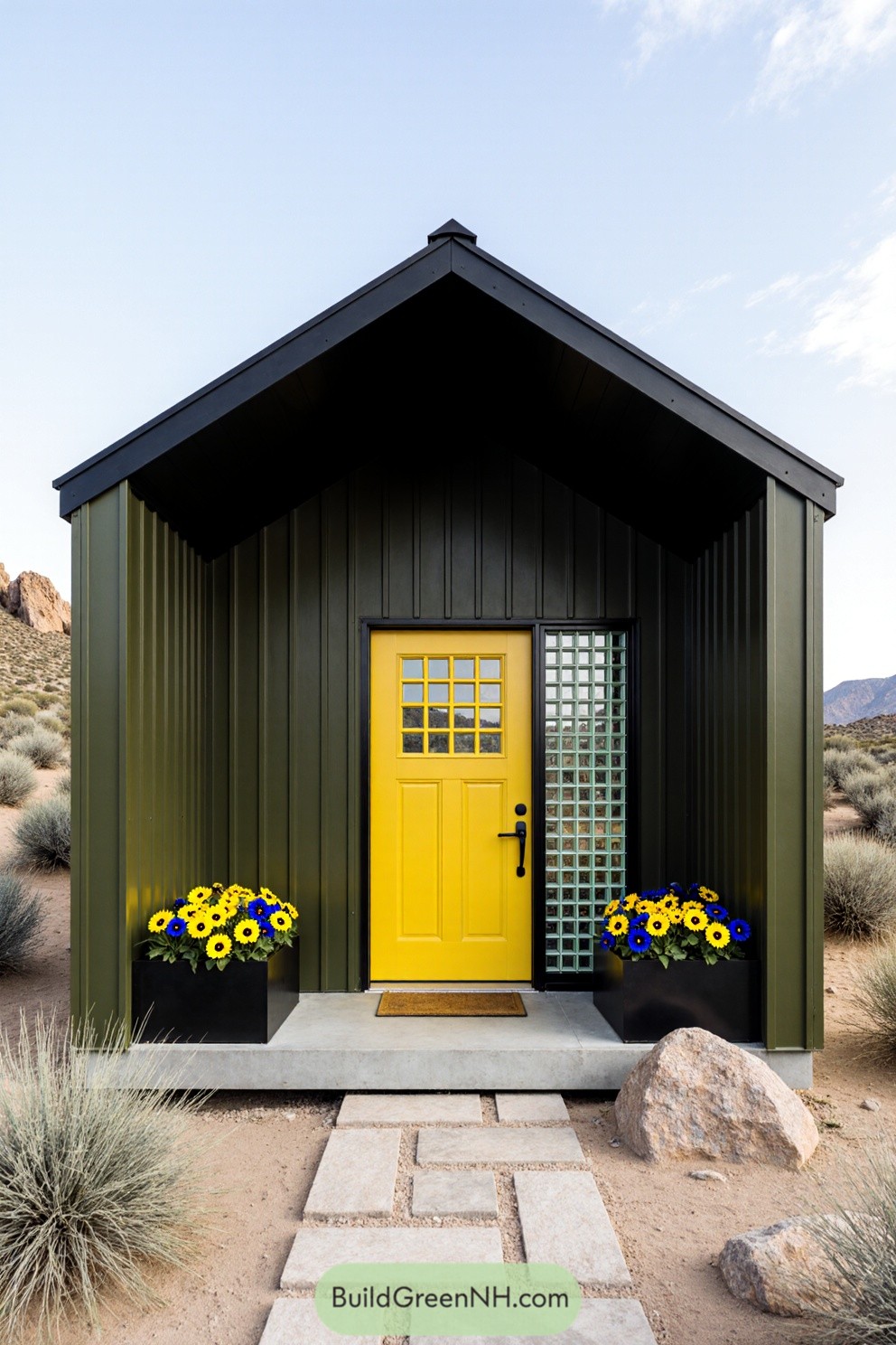 Modern cottage with a yellow door and flowers