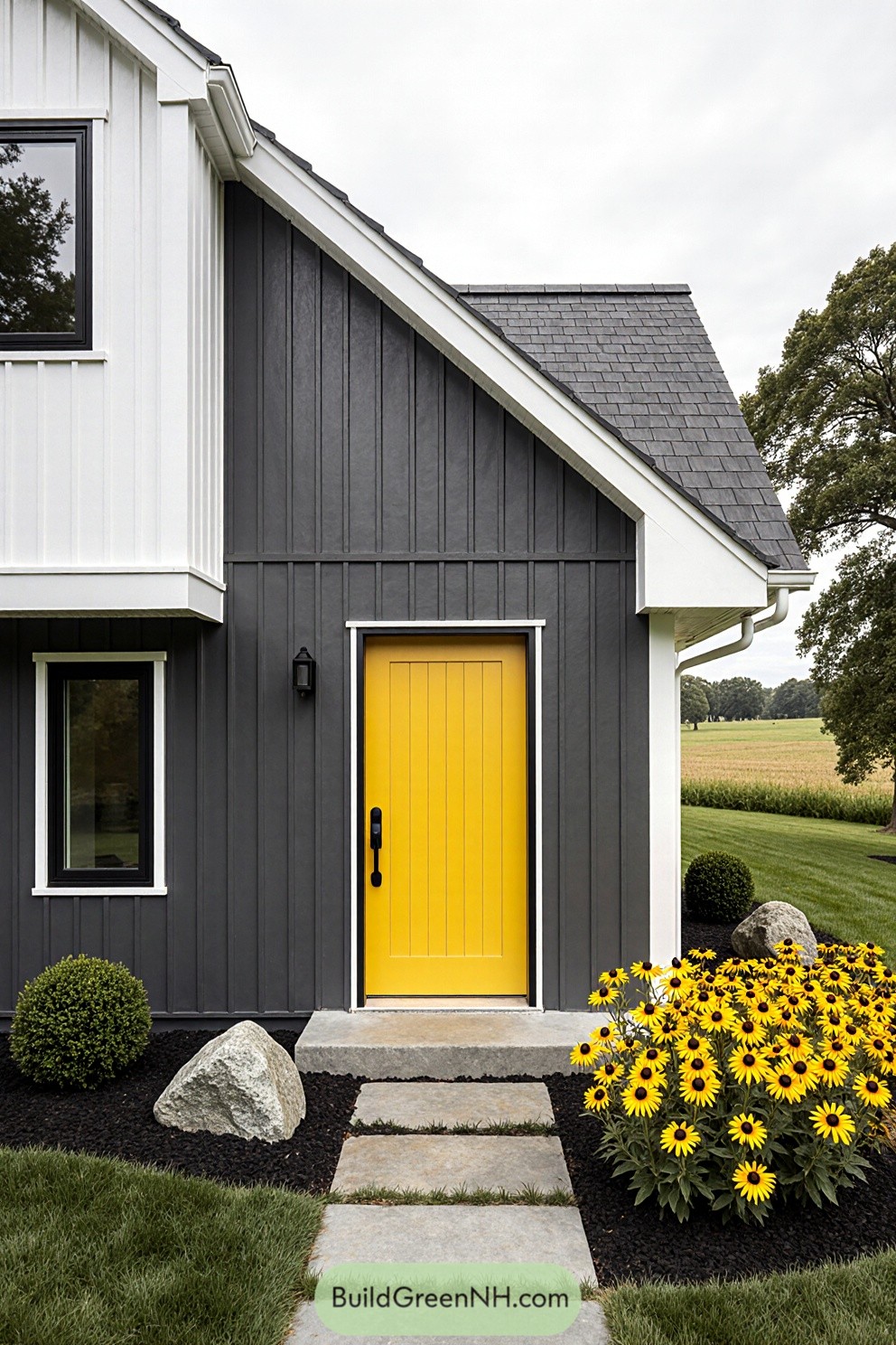 Cottage with a yellow door and blooming yellow flowers