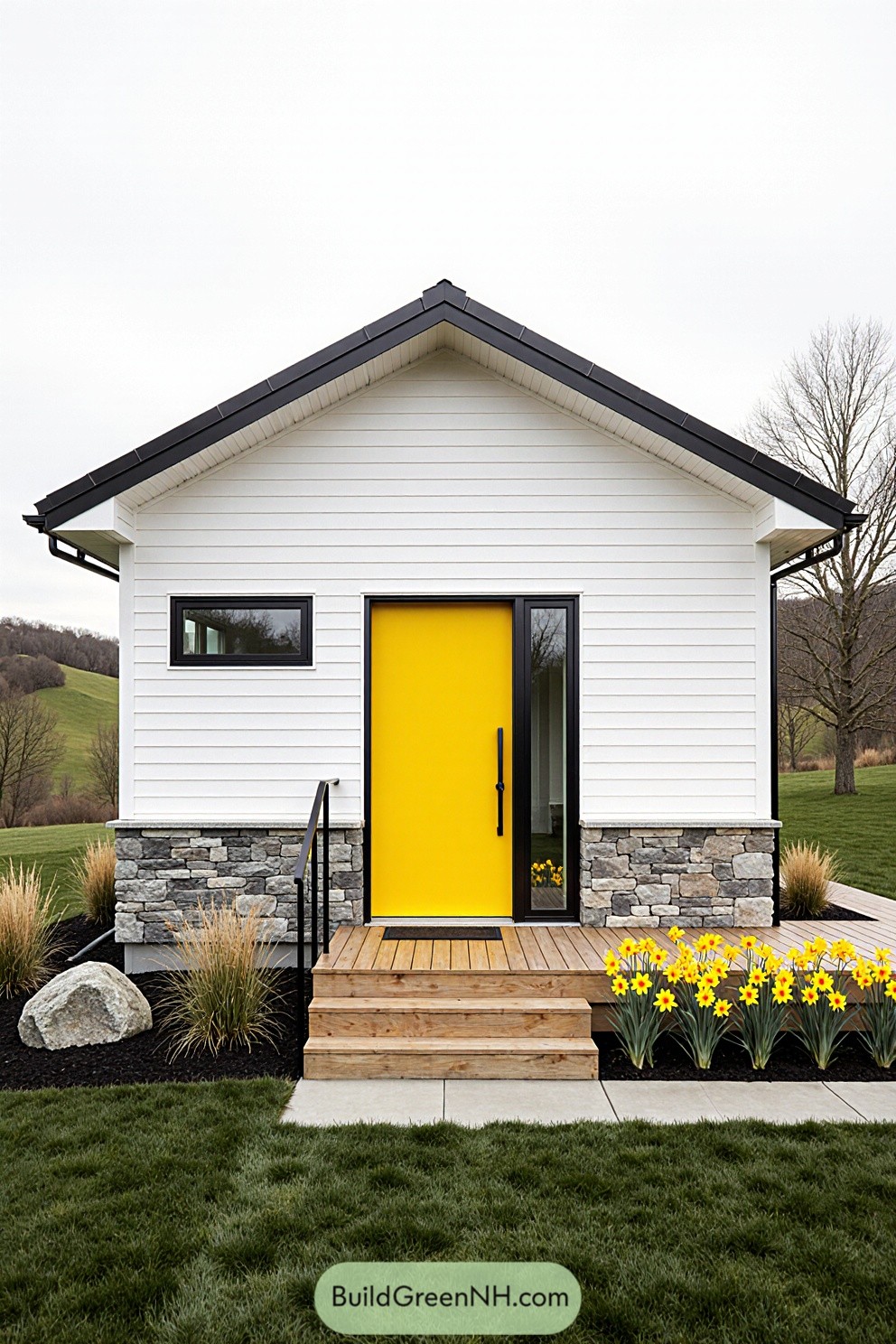 A cottage with a bright yellow door and matching flowers