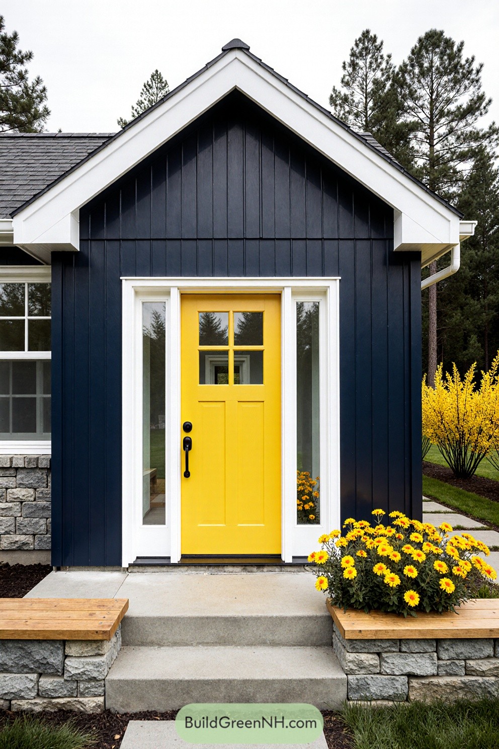 Yellow door on a modern cottage with yellow flowers