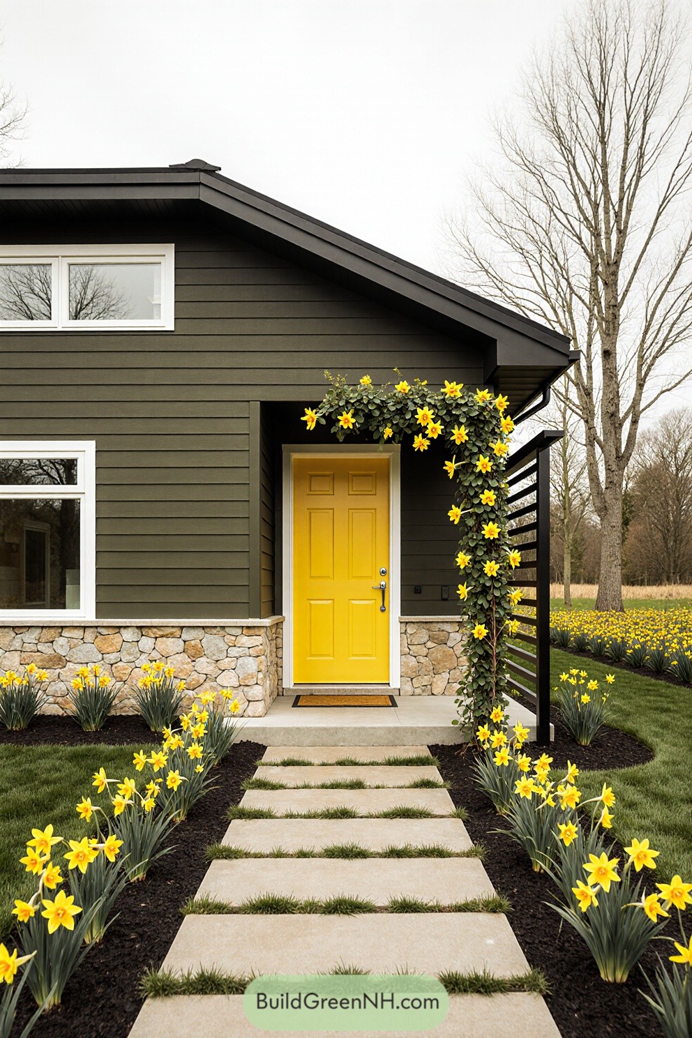 Cozy cottage with yellow door and flowers