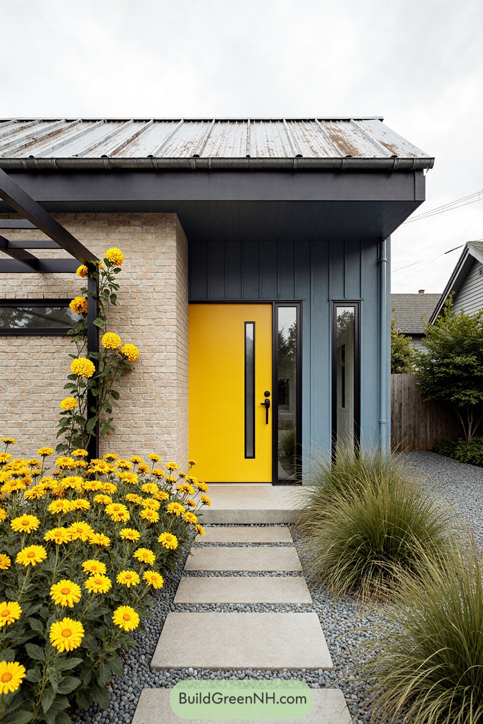 Yellow door with bright flowers and modern design