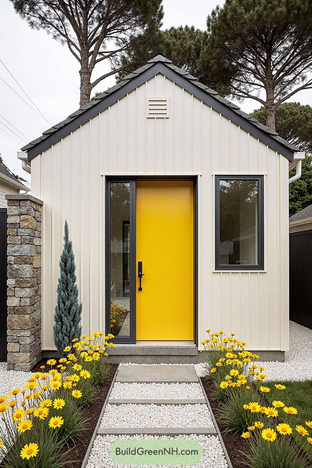 Yellow door with vibrant flowers outside a modern cottage