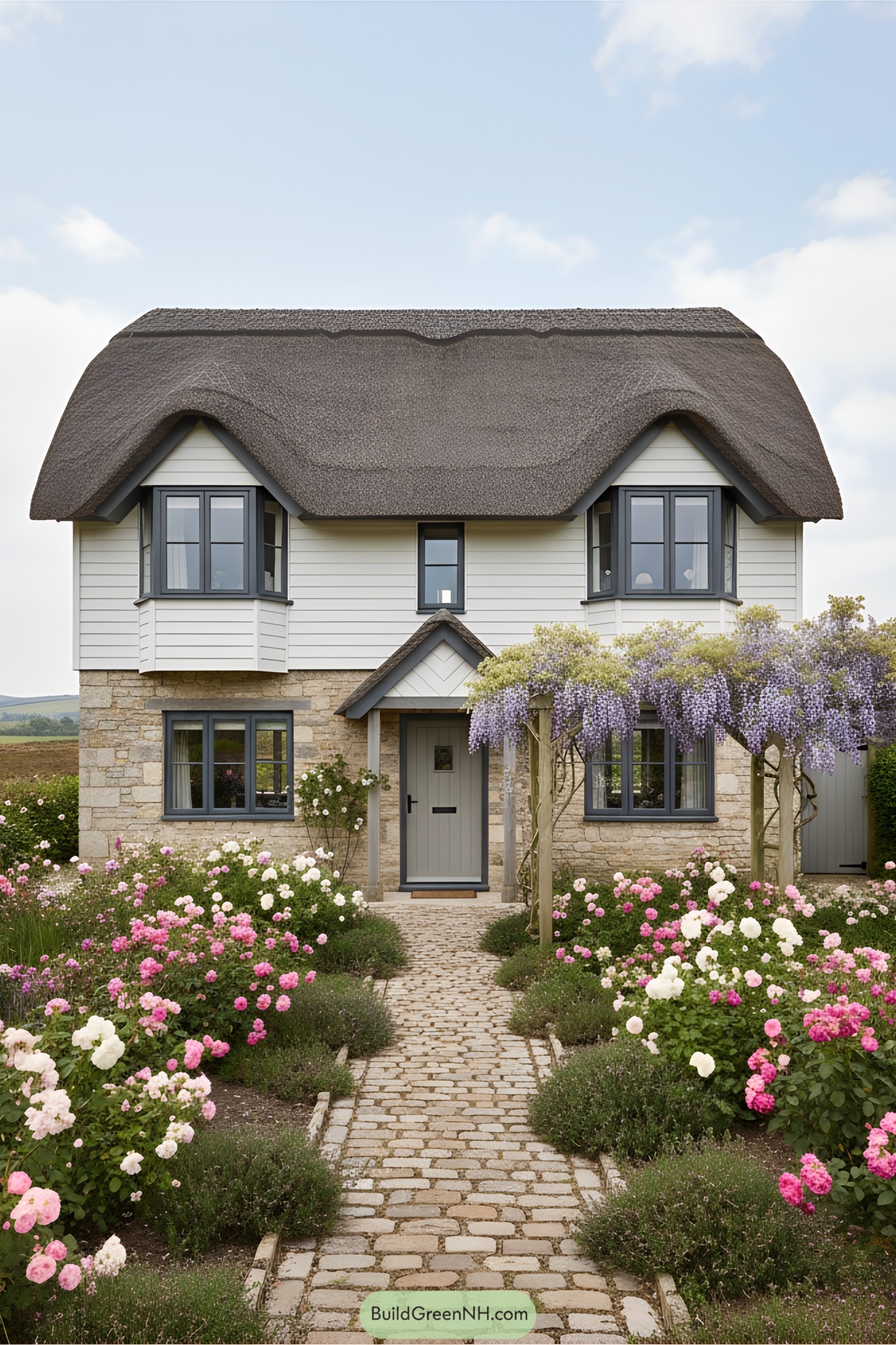 Charming cottage with a thatched roof surrounded by blooming flowers
