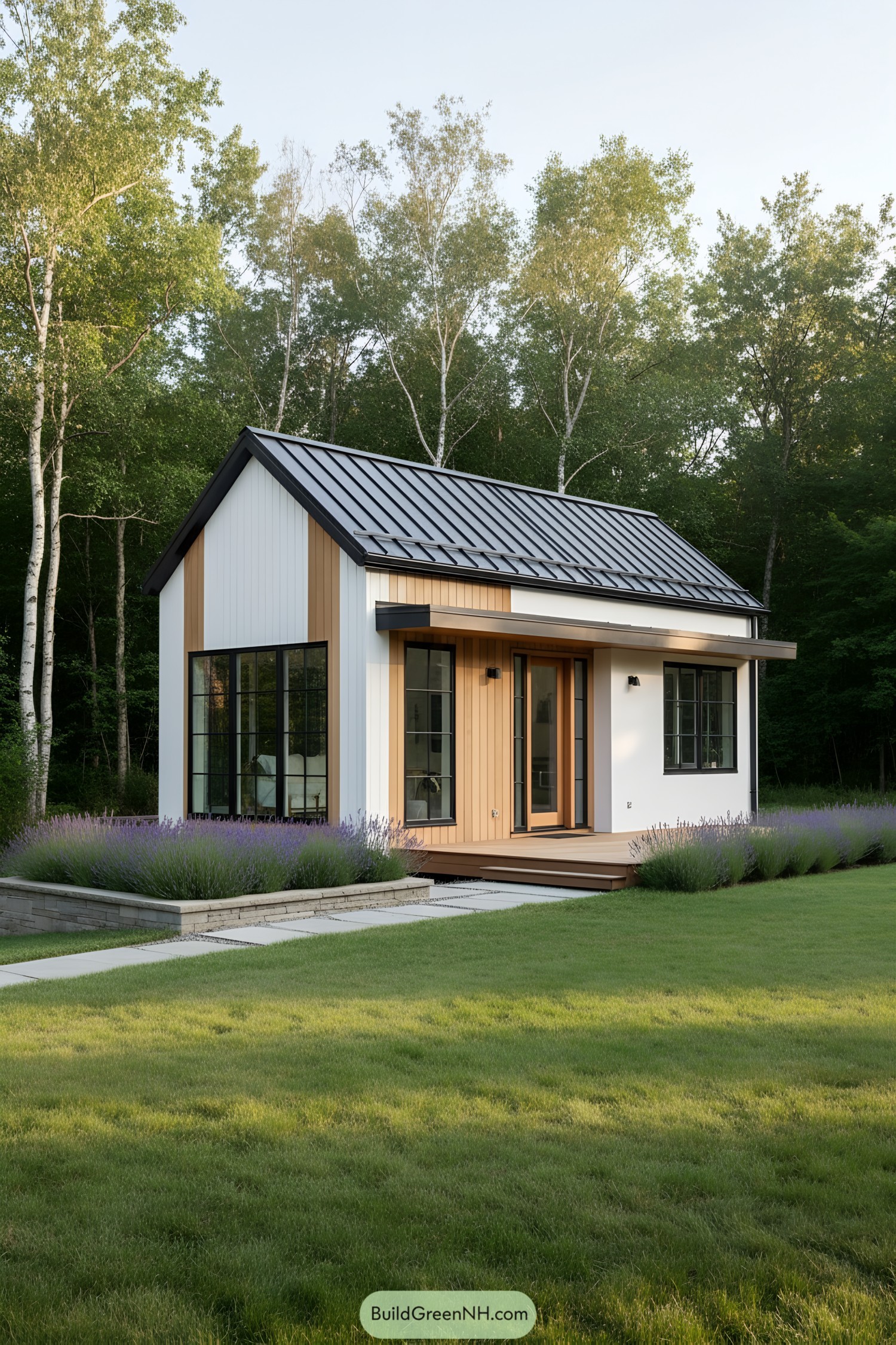 Modern cottage with wooden accents and a lush garden