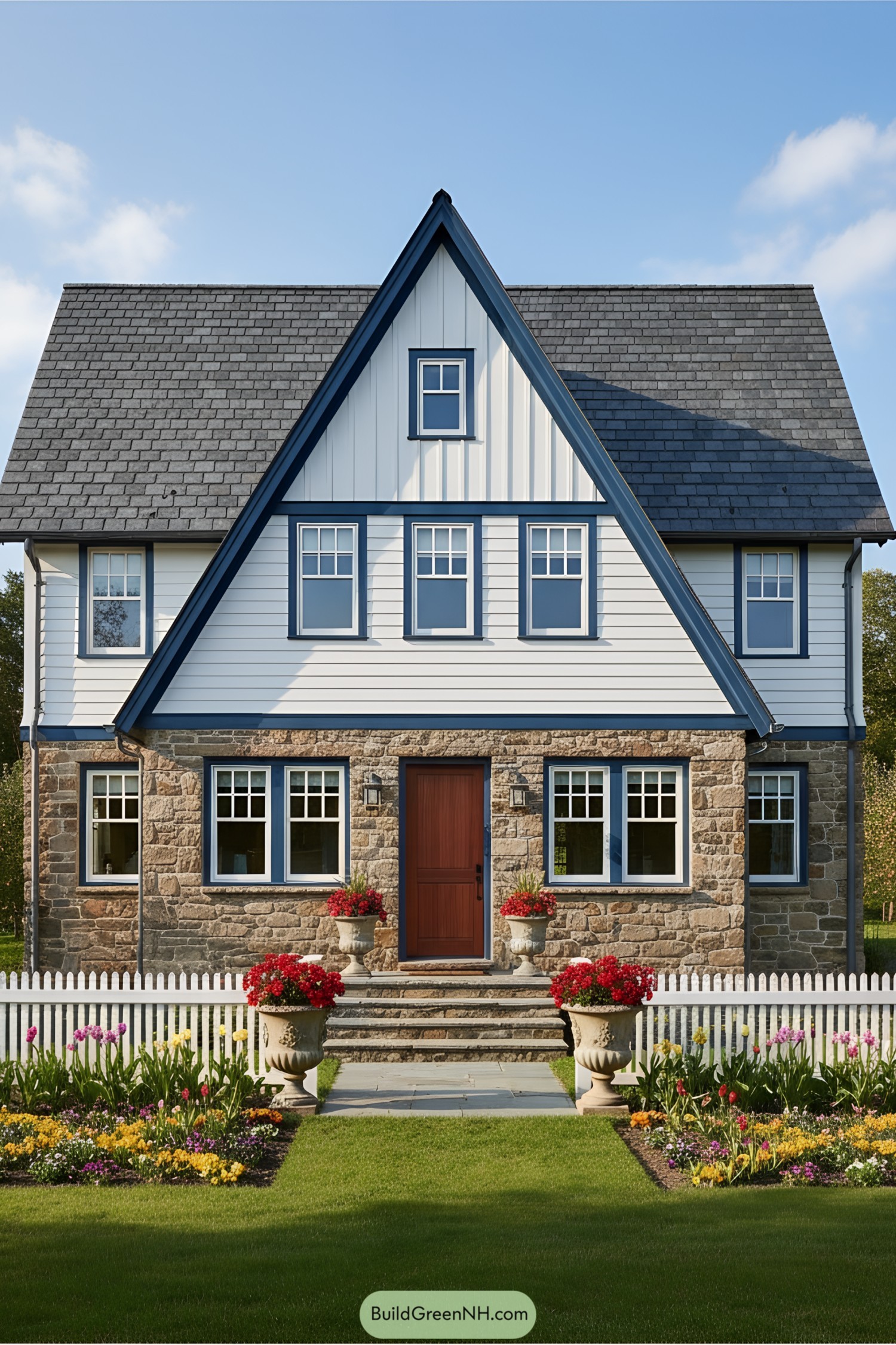 Modern two-story cottage with a gable roof and lush garden