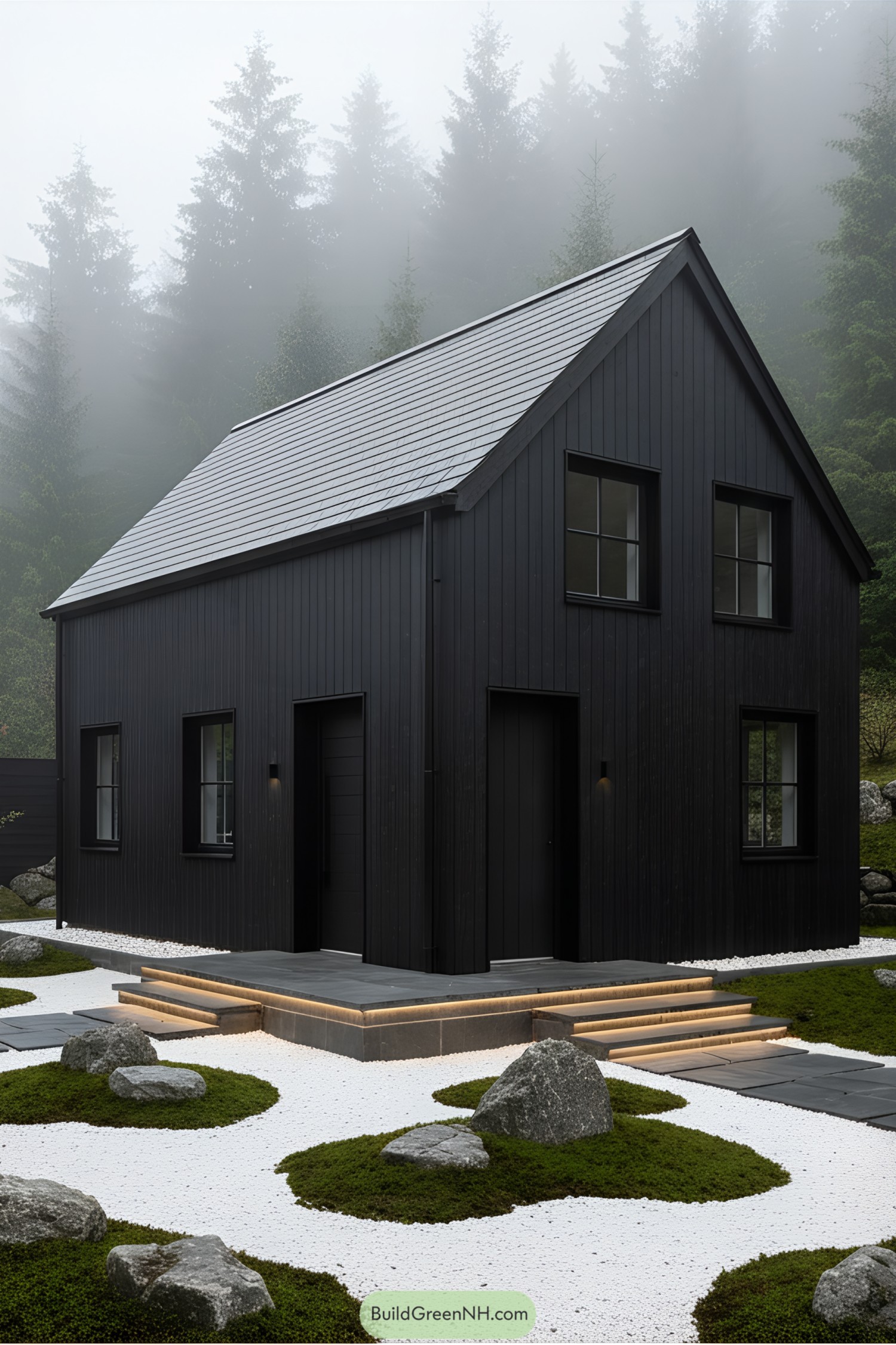 Modern black cottage with lush garden