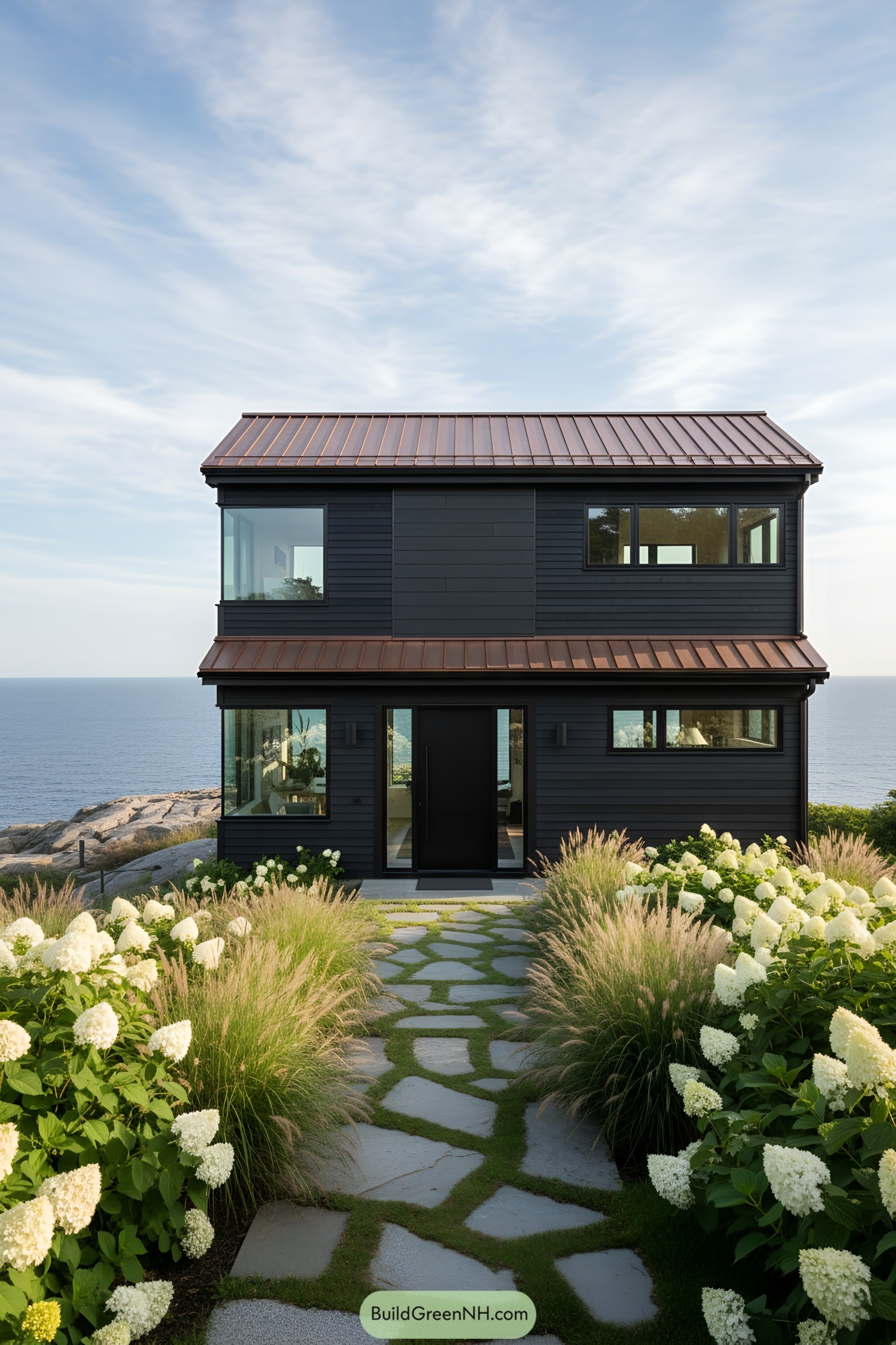 Modern black cottage with garden path, blue sea in background