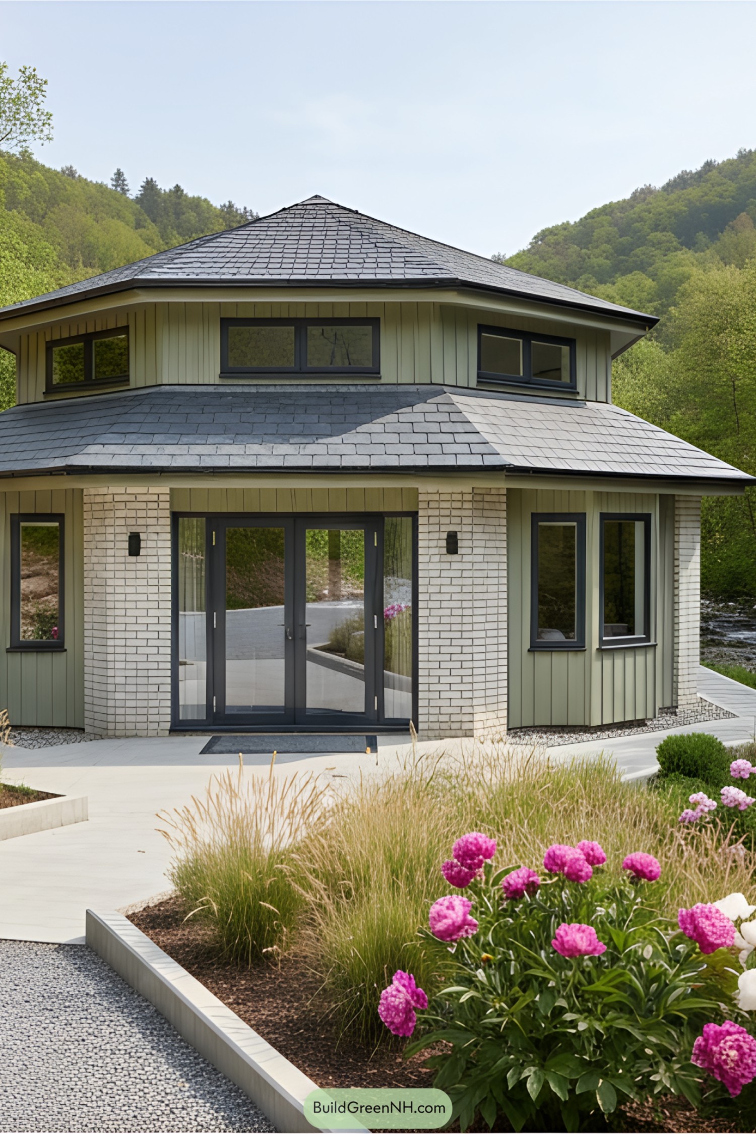 Beautiful modern cottage with sleek design surrounded by lush greenery and flowers