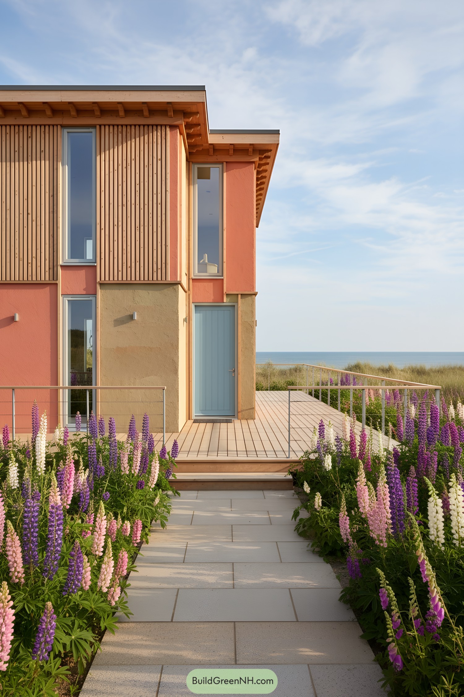 Cottage with vibrant facade and sandy garden path