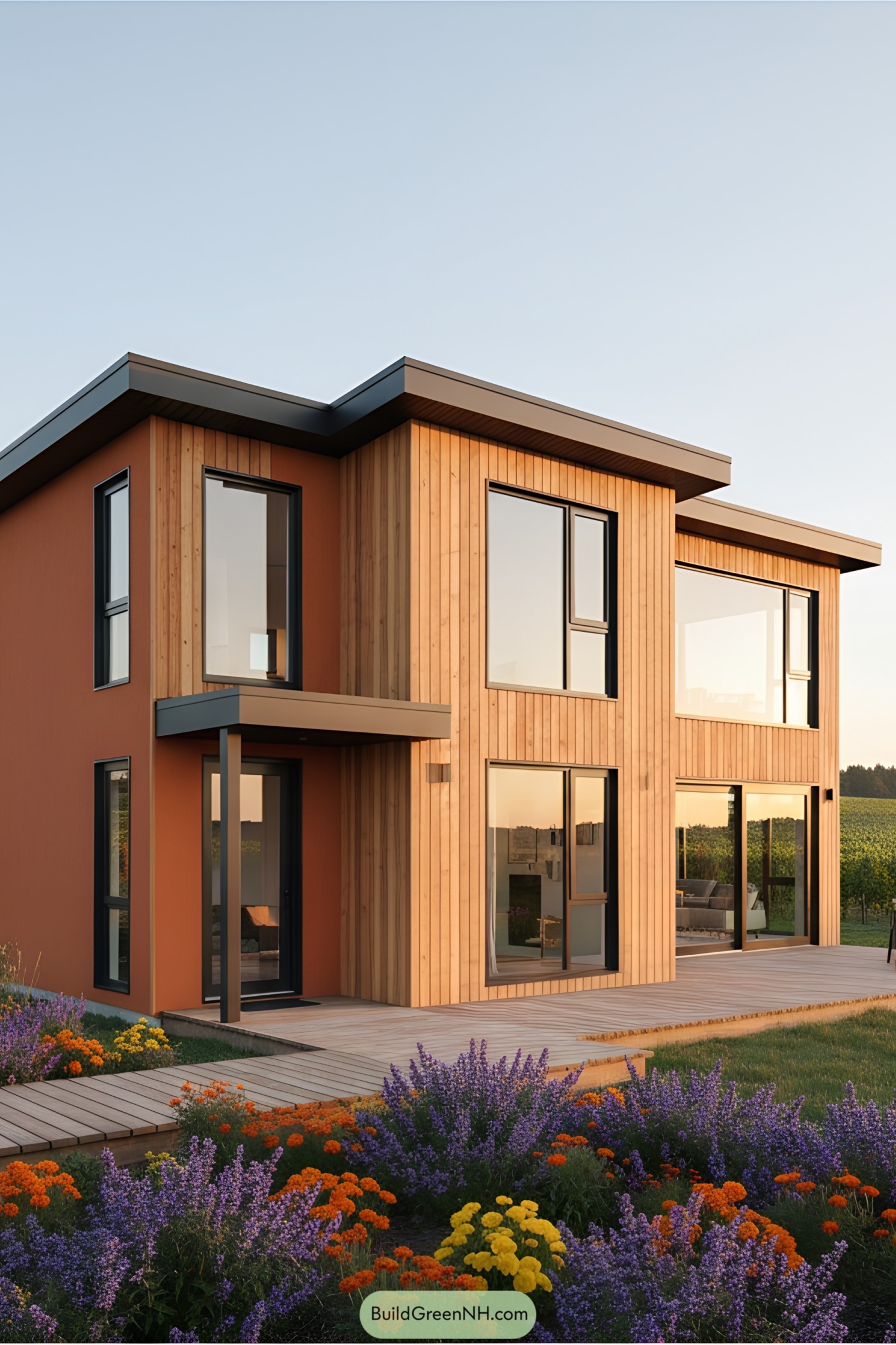 A modern wooden cottage surrounded by vibrant flowers at sunset