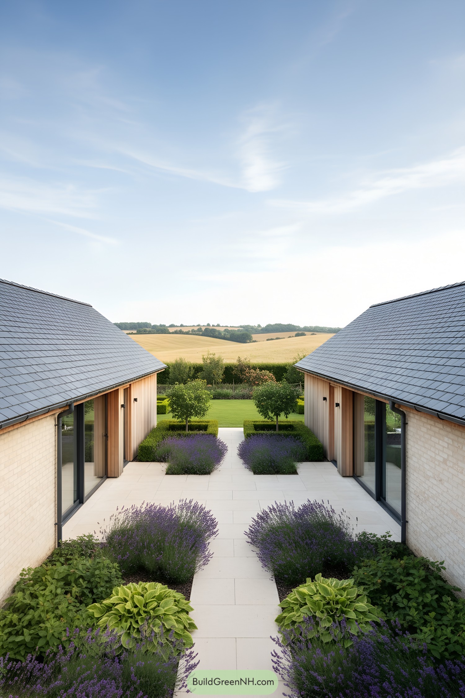 Two modern cottages with a central garden