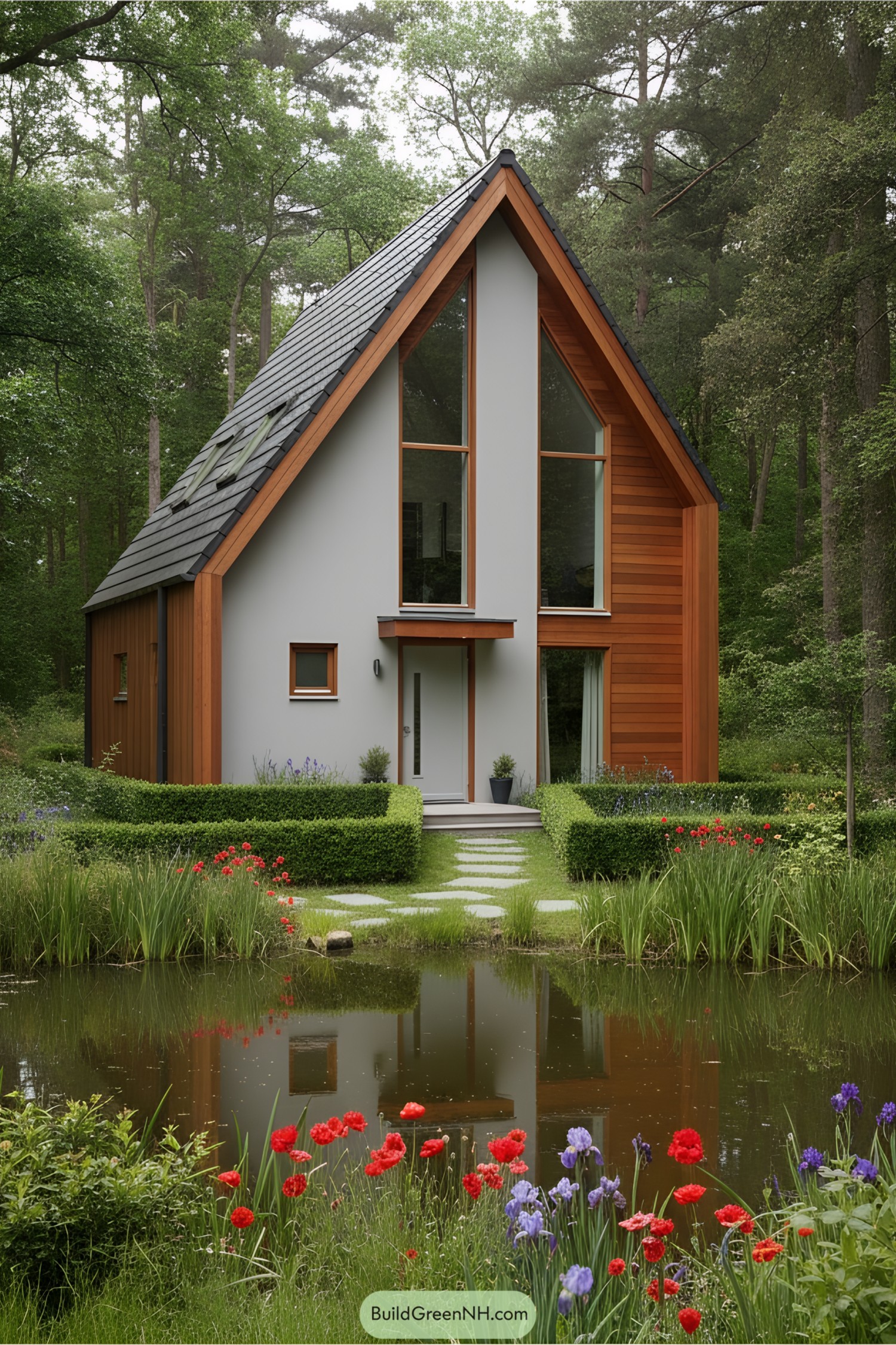 Modern cottage with steep roof and garden reflections
